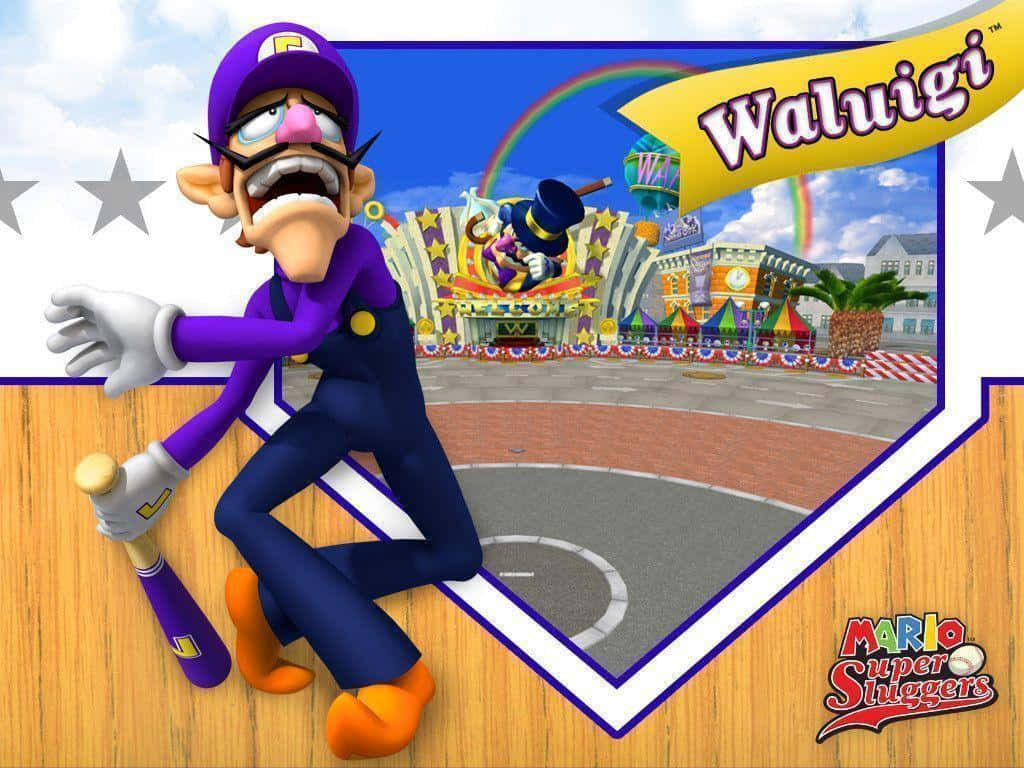 Waluigi, purple baseball uniform, bat, SD Desktop Wallpaper