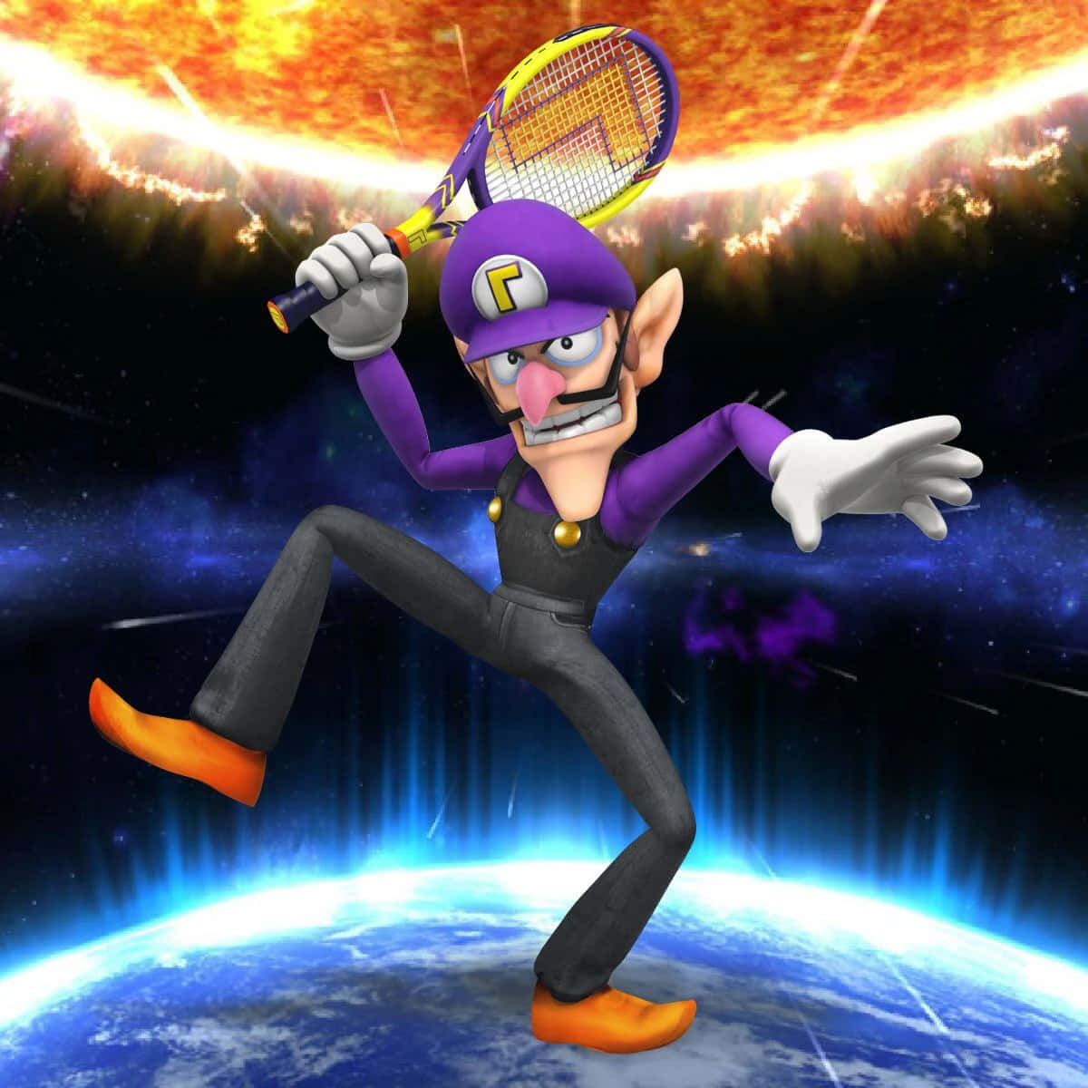 Waluigi, tennis racket, cosmic backdrop, SD Desktop Wallpaper