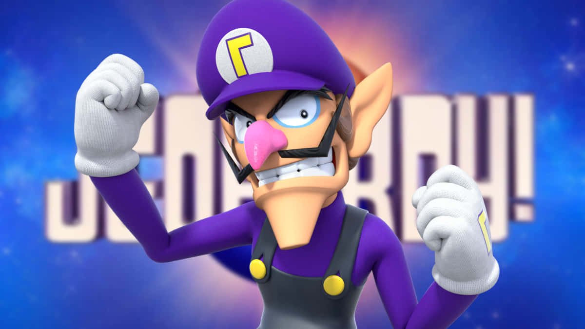 Waluigi, glowing blue starry background, fists, SD Desktop Wallpaper