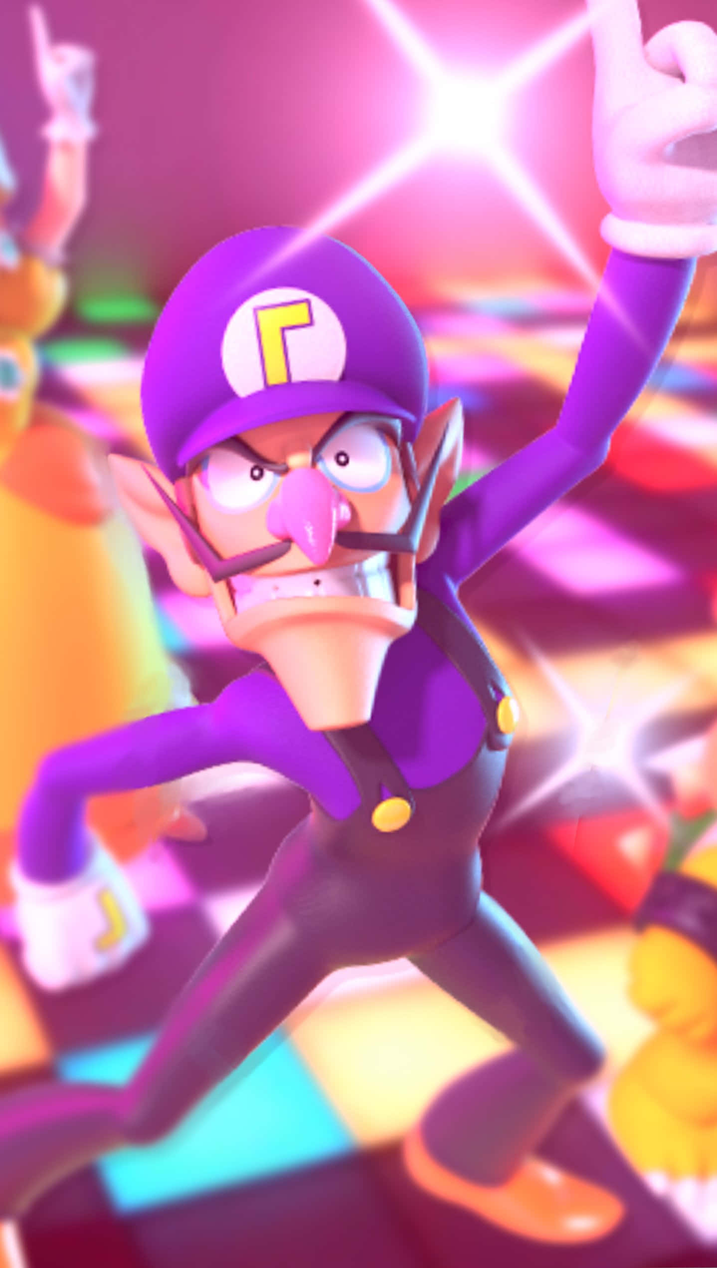 Waluigi, neon-lit party scene, glowing sparkles, Full HD Phone Wallpaper