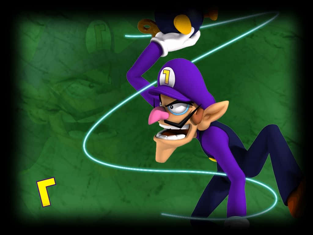 Waluigi, glowing racket, textured green background, SD Desktop Wallpaper