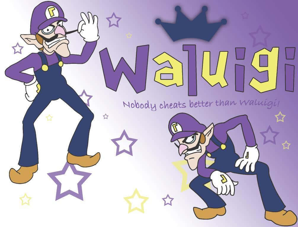 Waluigi, purple starry background, name and tagline, SD Desktop Wallpaper