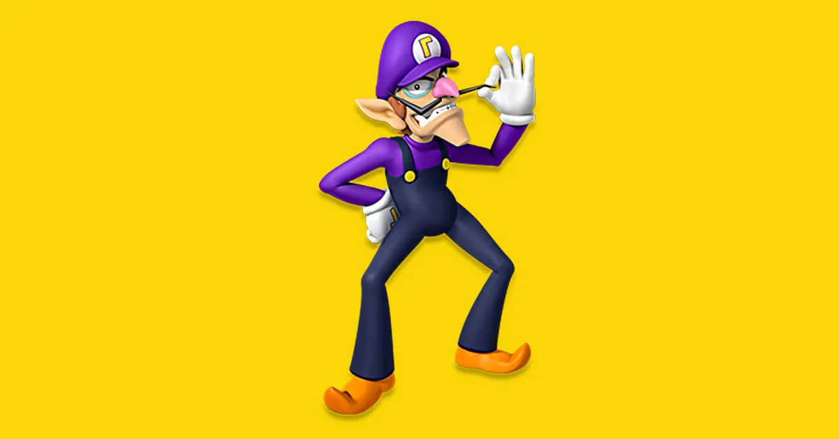 Waluigi, purple outfit, bright yellow background, SD Desktop Wallpaper