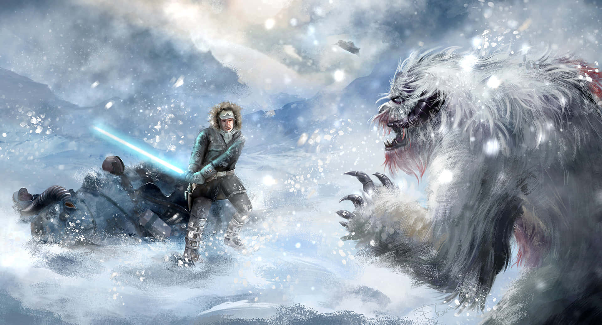 Wampa, glowing blue lightsaber, blizzard-filled mountainous landscape, Full HD Desktop Wallpaper