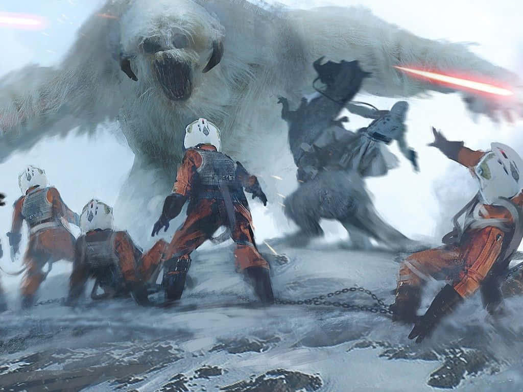 Wampa, orange-clad warriors, massive white ice bear, SD Desktop Wallpaper