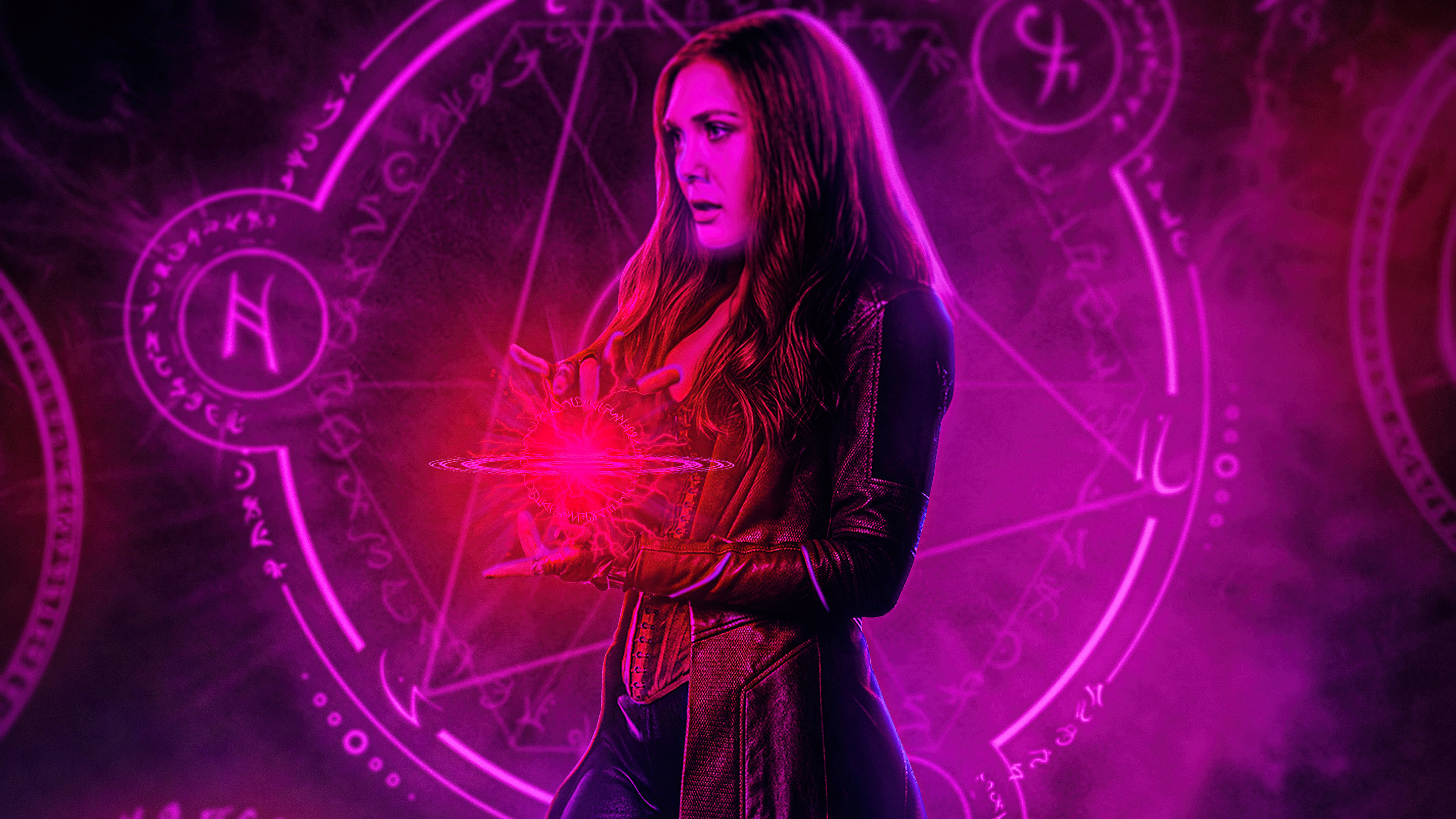 Wanda, glowing red energy, glowing purple mystical symbols, 5K Desktop Wallpaper