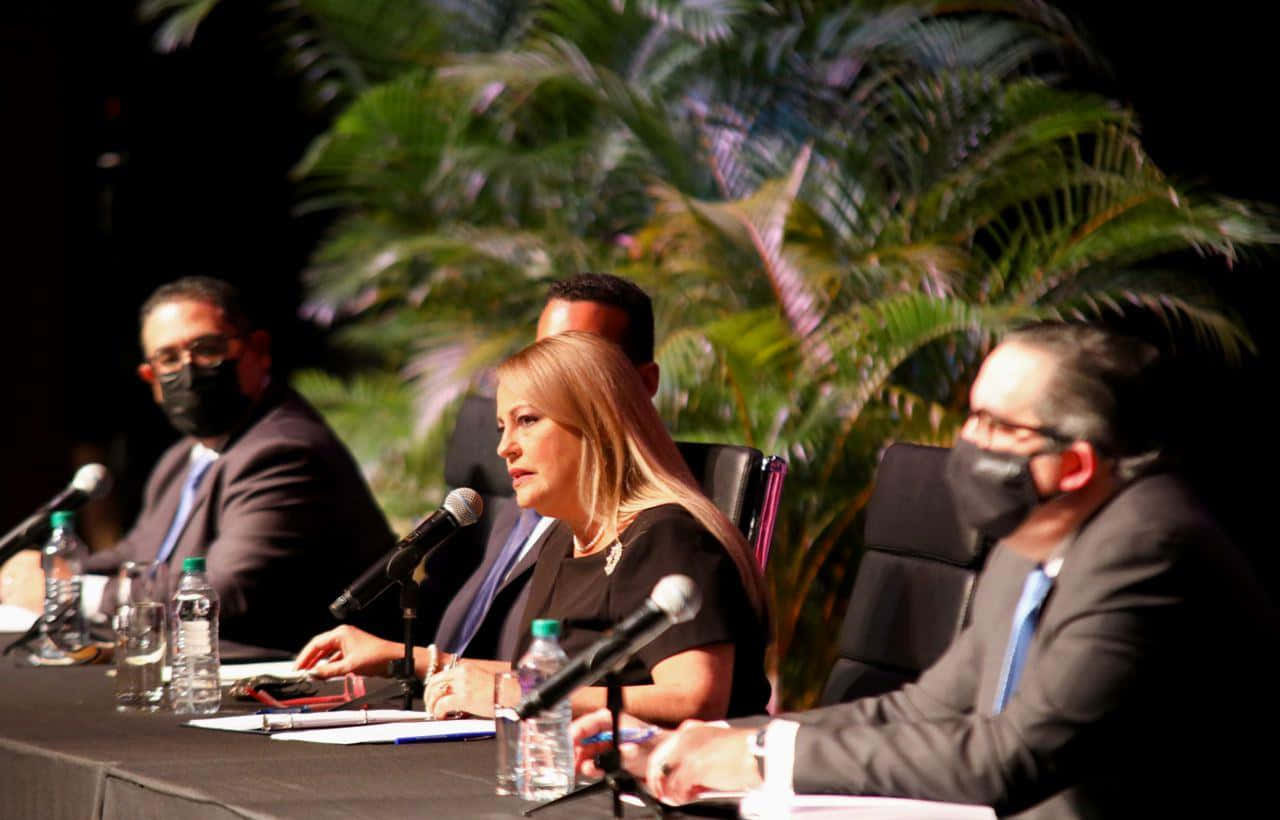 Wanda Vázquez Garced, conference table, microphones, HD Desktop Wallpaper