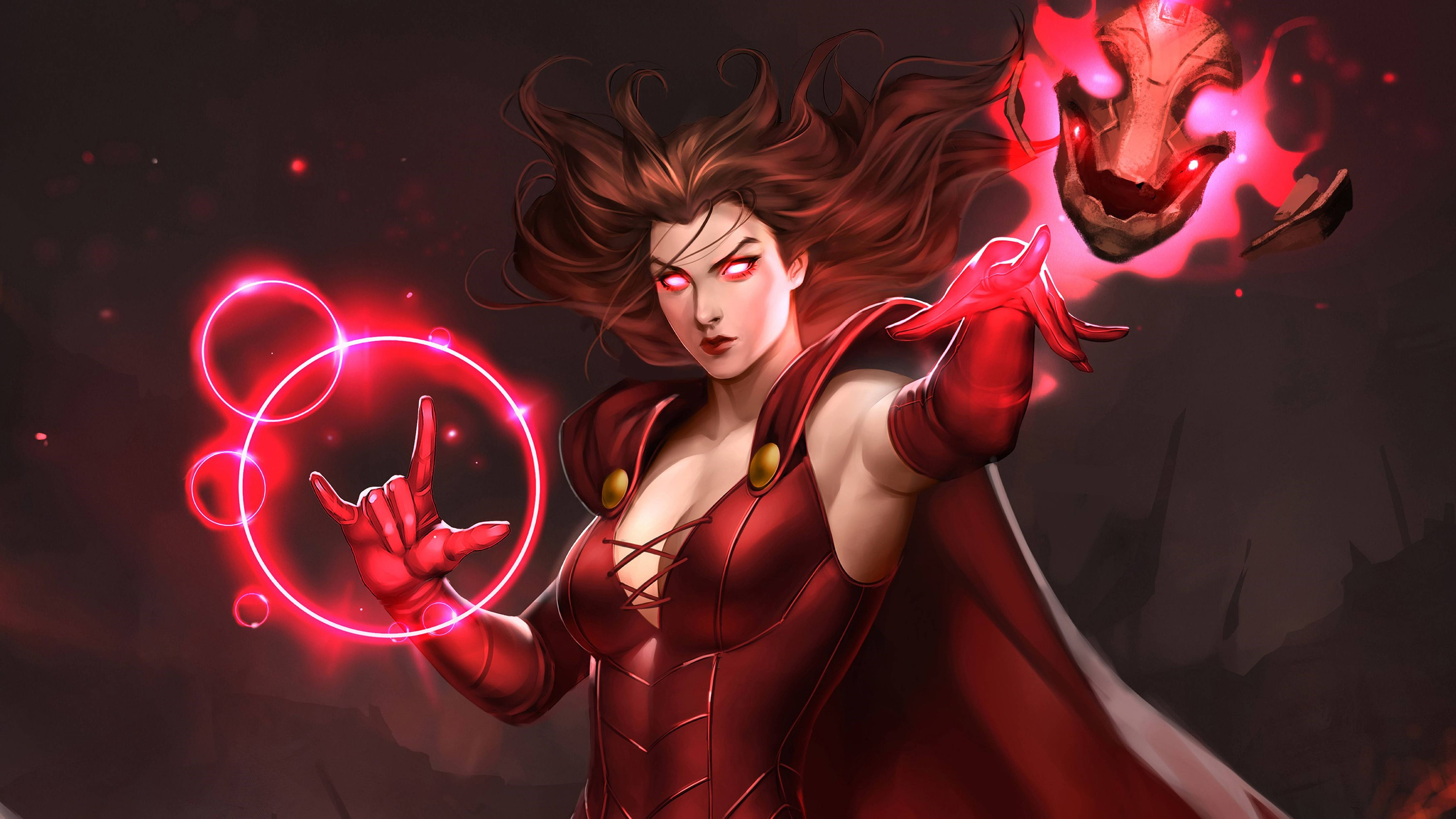 Wanda, red-clad sorceress, glowing eyes, 5K Desktop Wallpaper