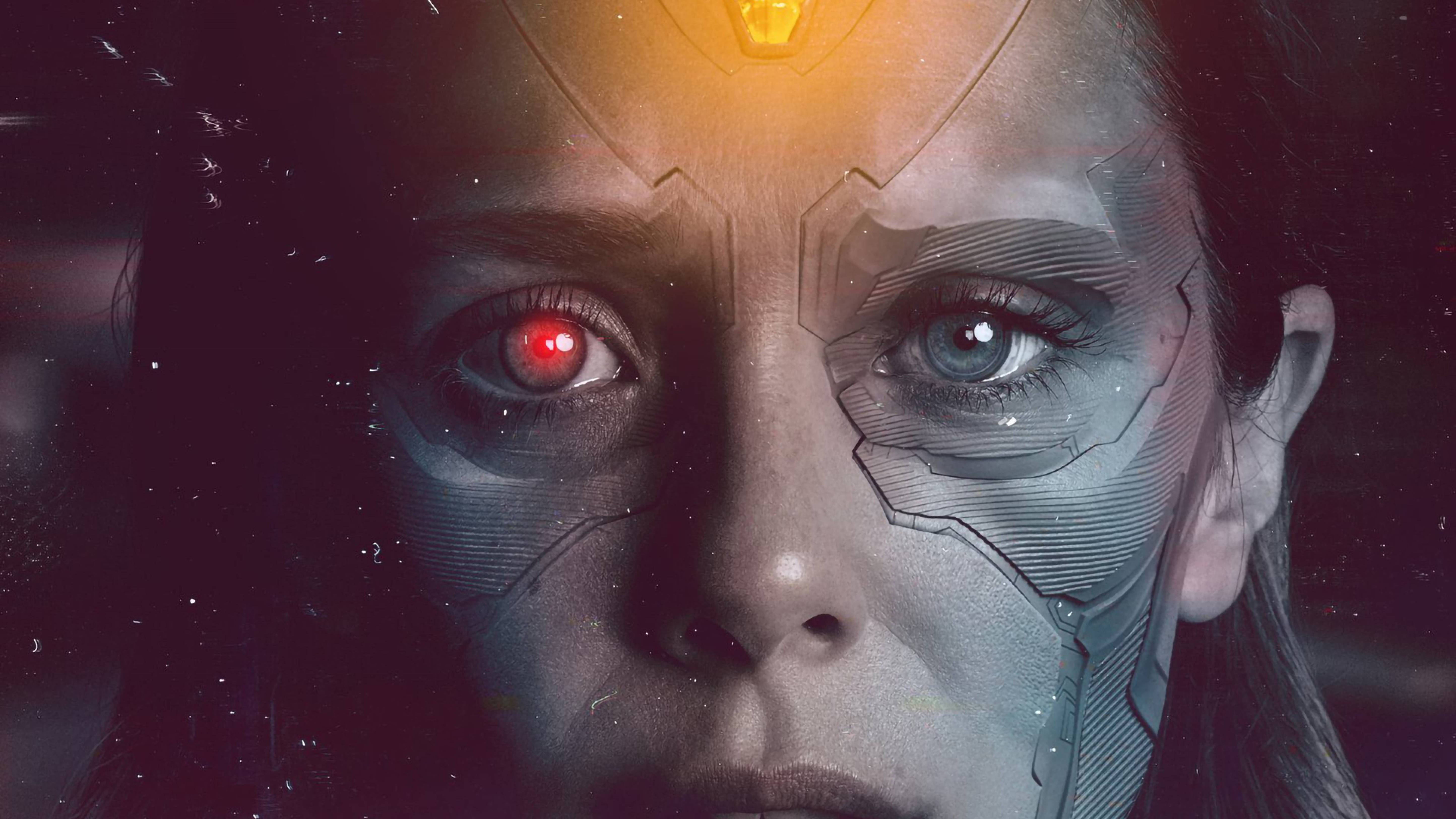 Wanda, cybernetic woman, glowing red eye, 5K Desktop Wallpaper