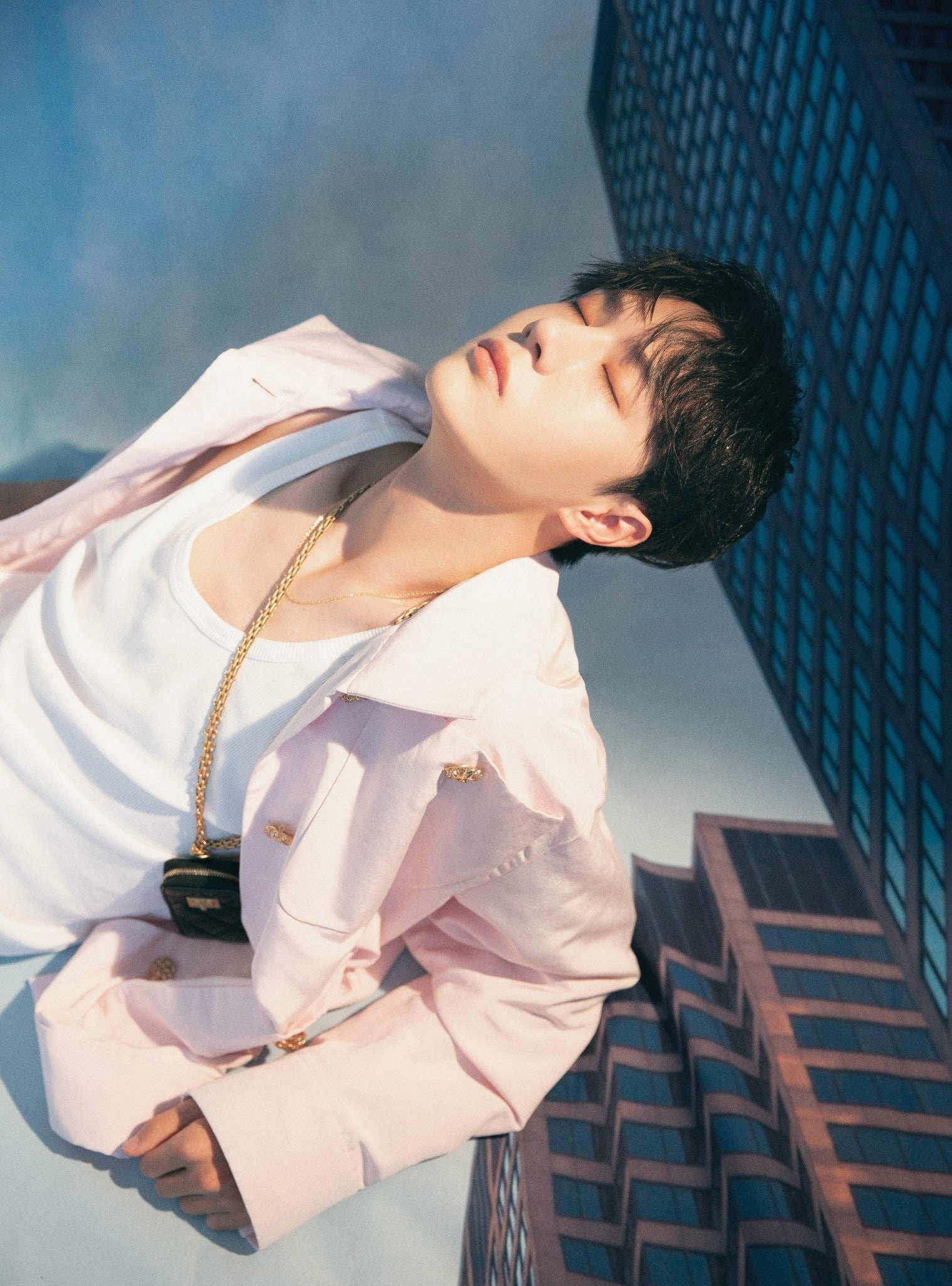 Wang yibo, pink blazer, modern building wall, Full HD Phone Wallpaper