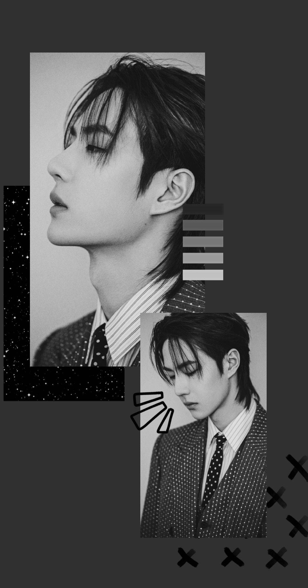 Wang Yibo, monochrome collage, suit, Full HD Phone Wallpaper