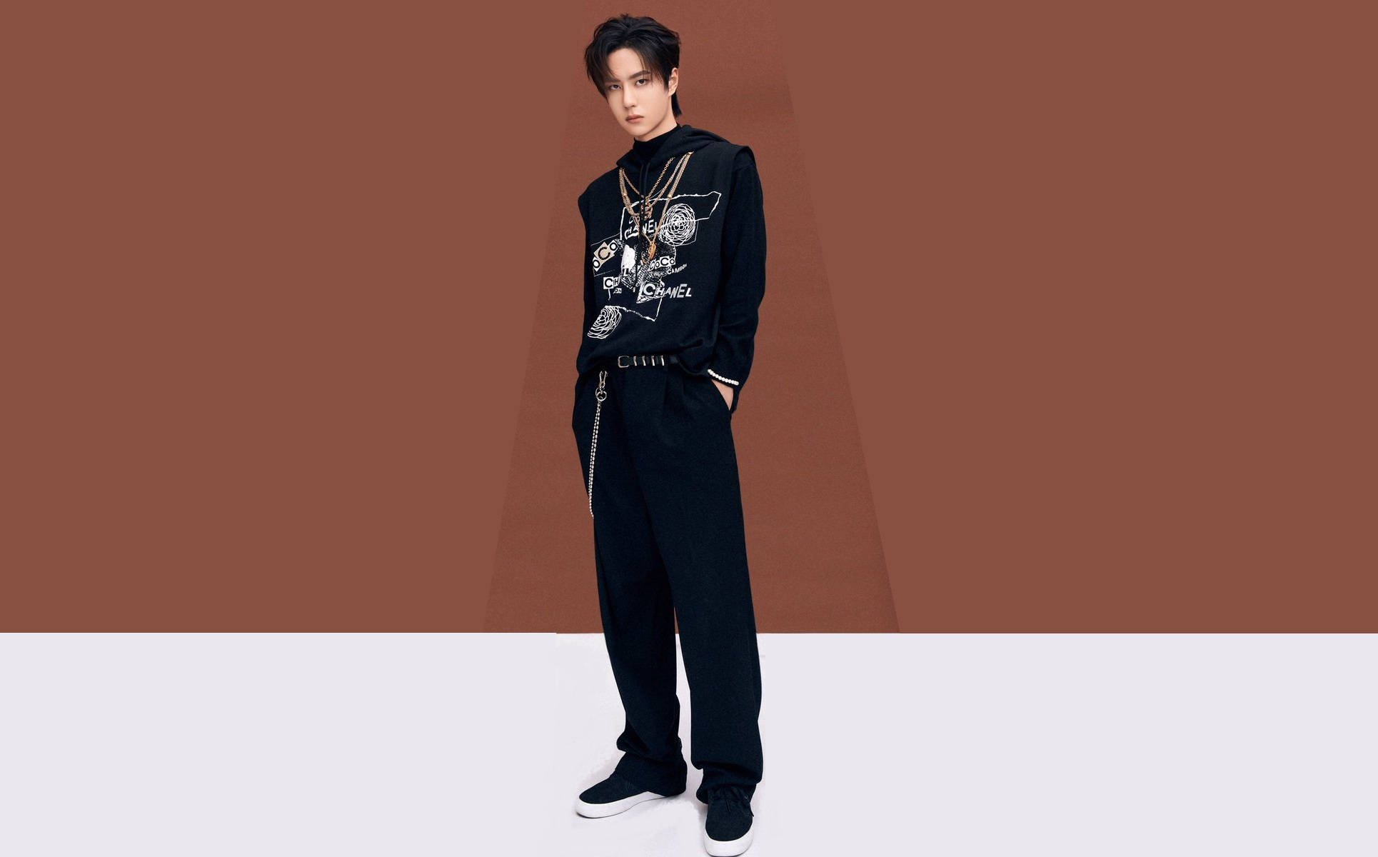 Wang Yibo, black streetwear, layered chains, Full HD Desktop Wallpaper