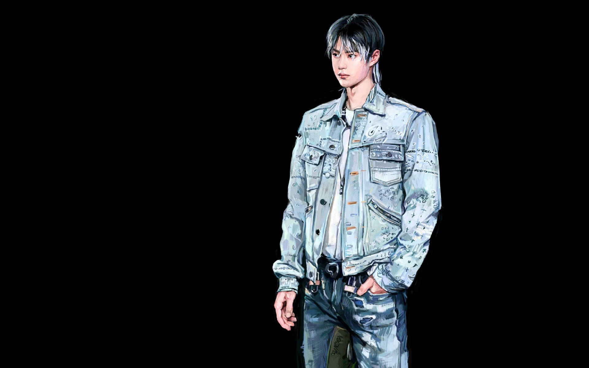 Wang Yibo, distressed denim jacket, jeans, Full HD Desktop Wallpaper