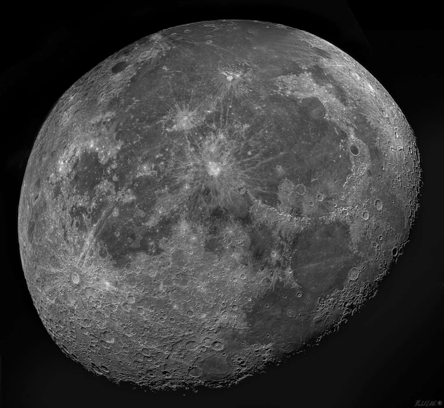 Waning Gibbous Moon, cratered surface, deep black void, HD Desktop Wallpaper