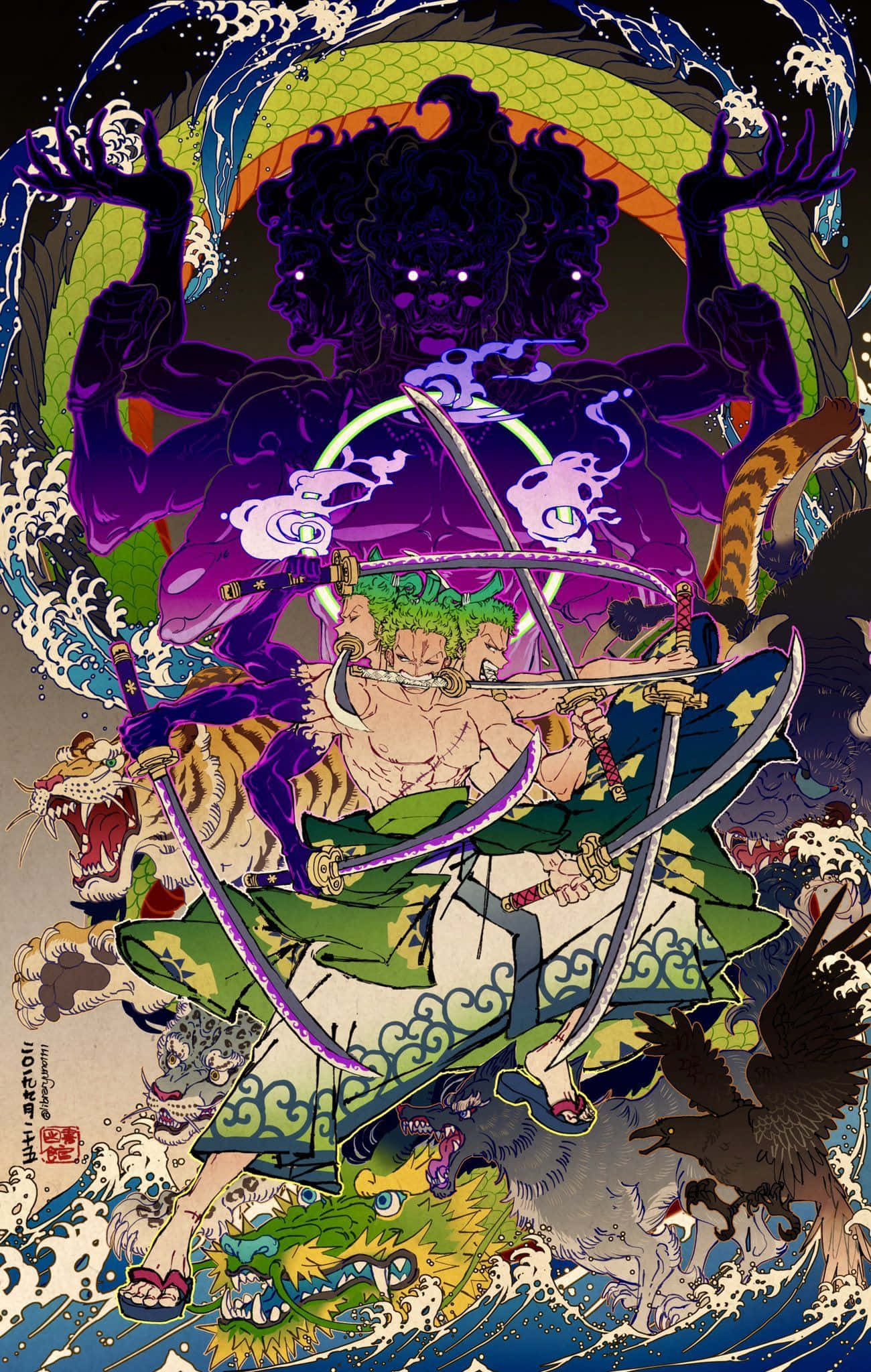 Wano Country, green-haired warrior, three swords, Full HD Phone Wallpaper