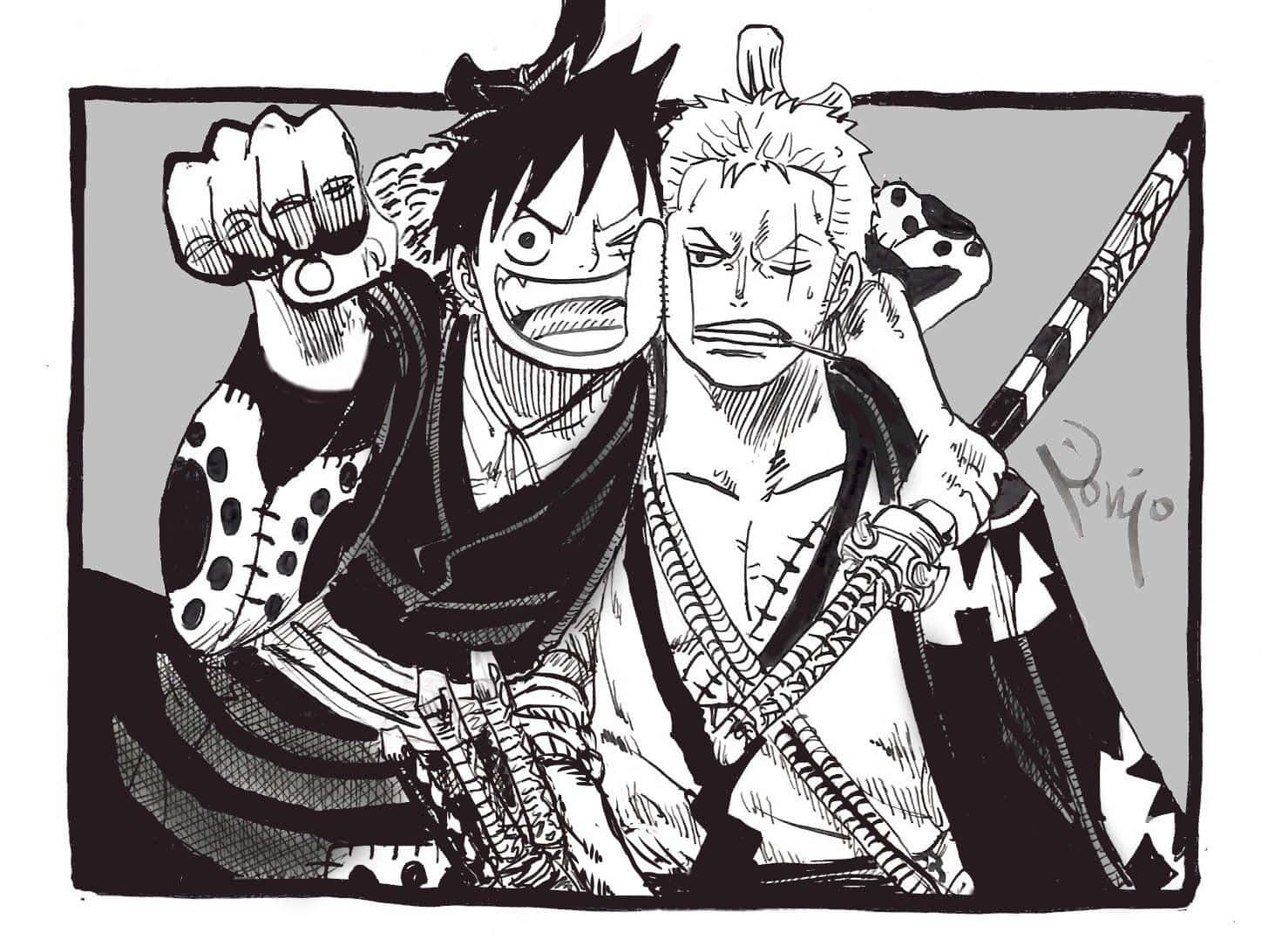 Wano Country, black and white ink, grinning wildly, HD Desktop Wallpaper