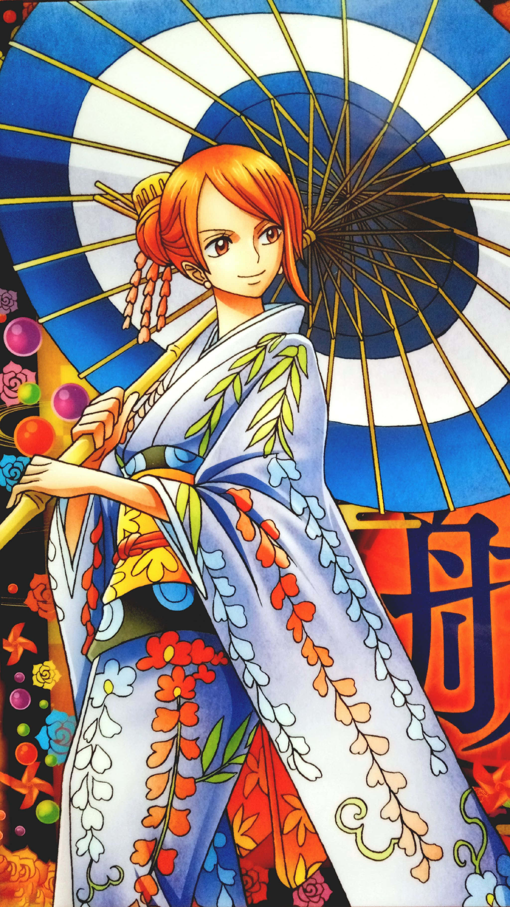 Wano Country, orange hair, blue and white parasol, 2K Phone Wallpaper
