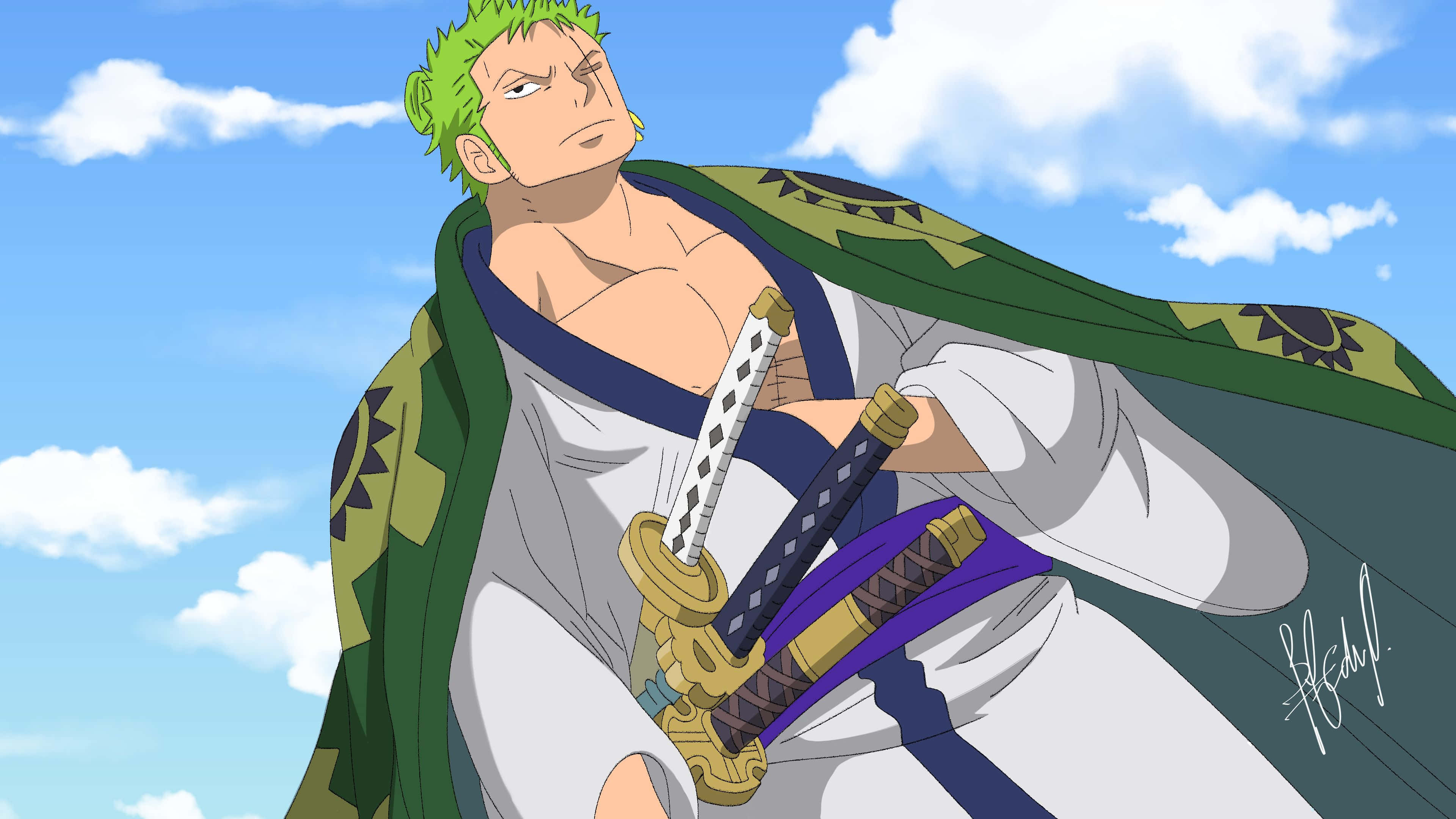 Wano Country, green-haired anime warrior, white robes, 4K Desktop Wallpaper