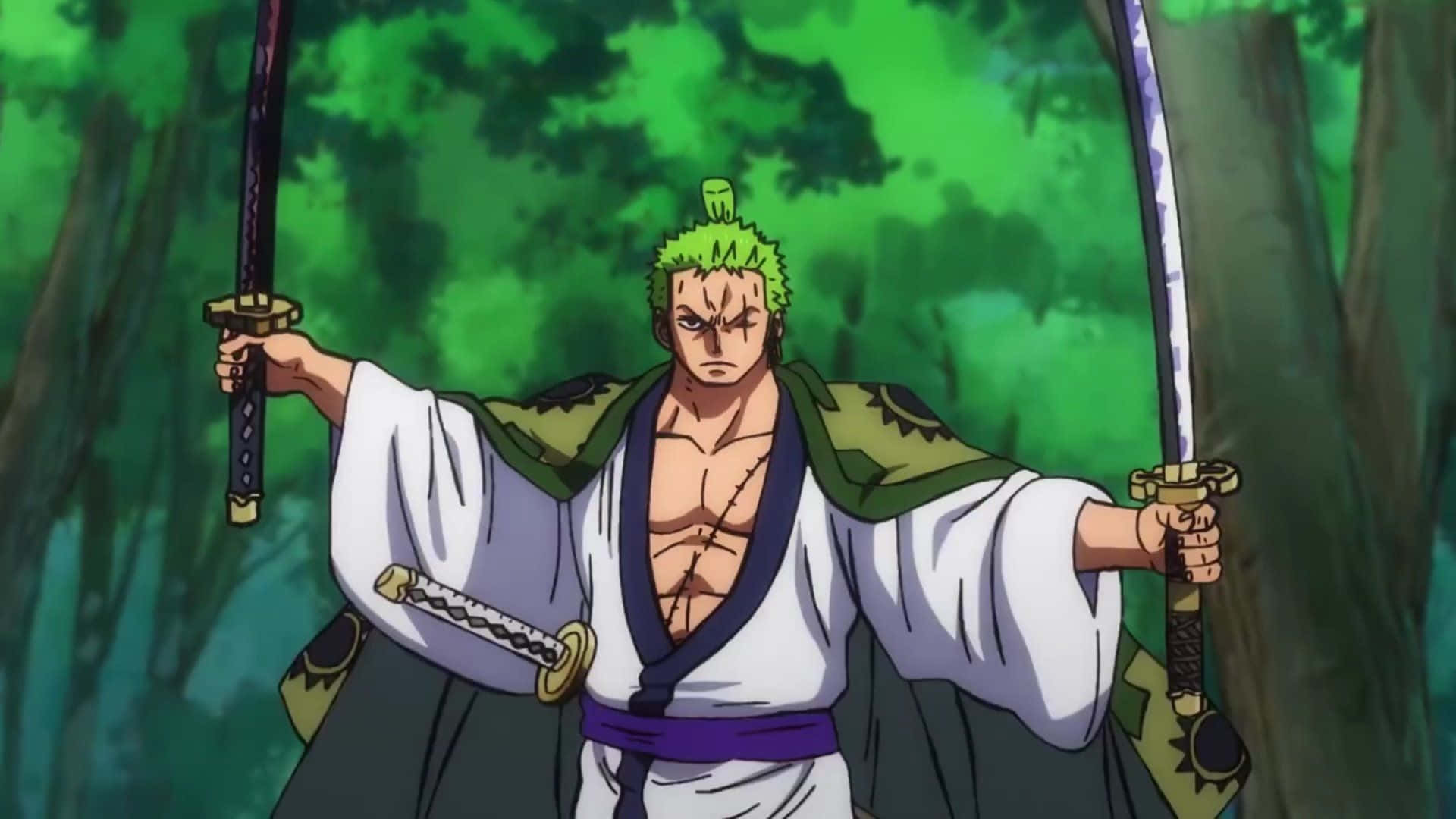 Wano Country, anime swordsman, green hair, Full HD Desktop Wallpaper