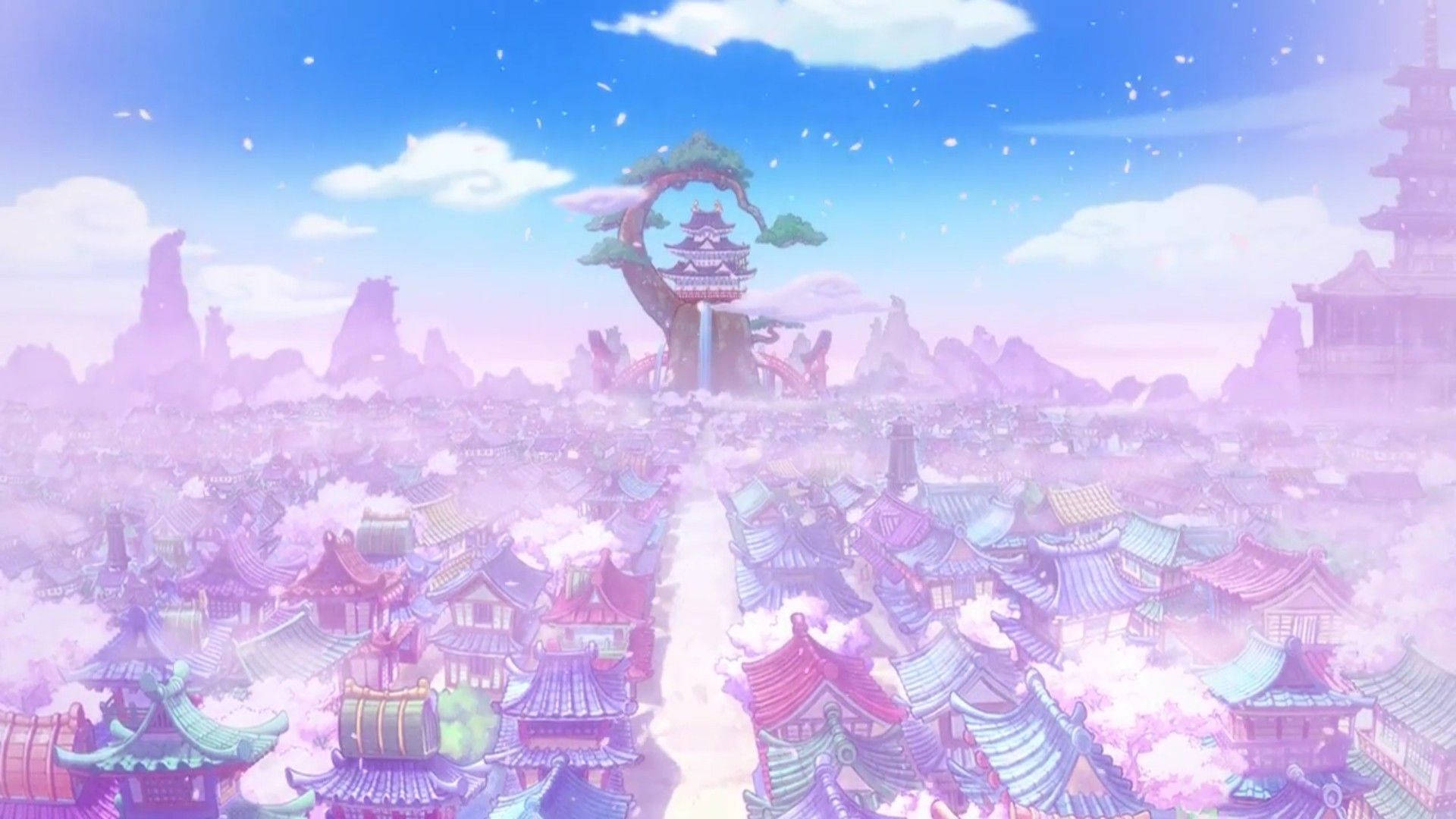 Wano Country, anime cityscape, traditional Japanese rooftops, Full HD Desktop Wallpaper