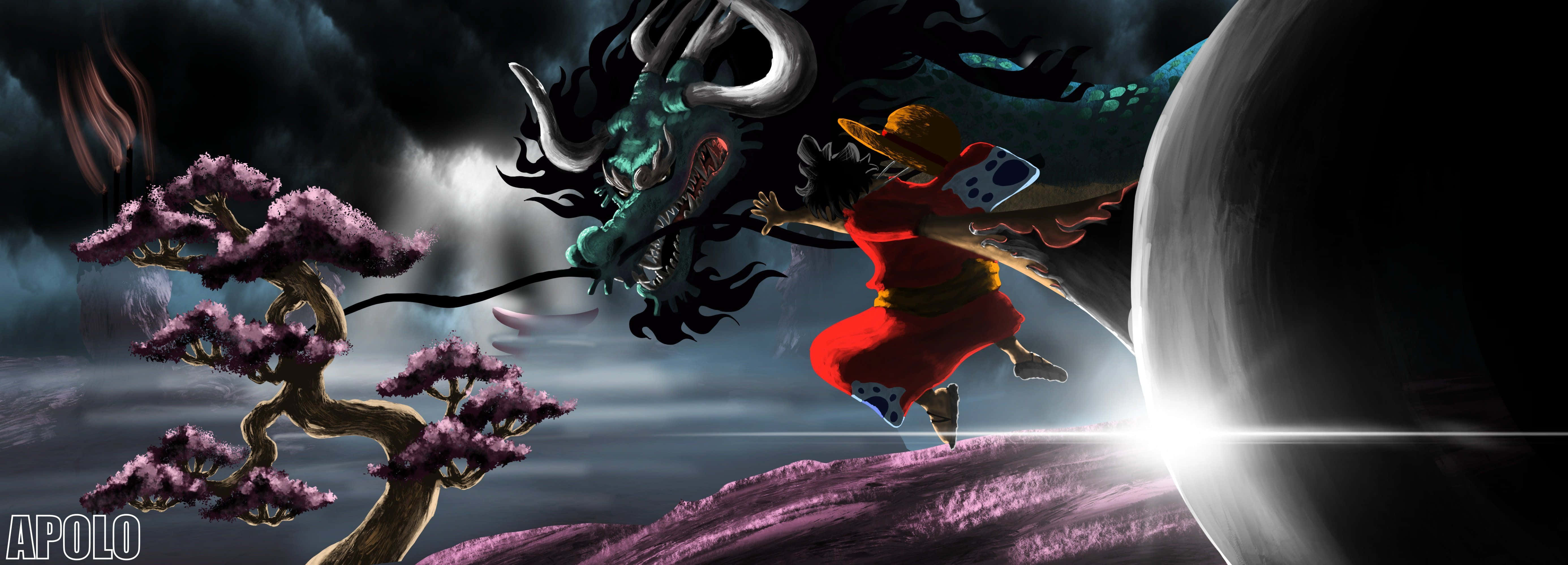 Wano Country, red-clad warrior, purple landscape, 5K Desktop Wallpaper