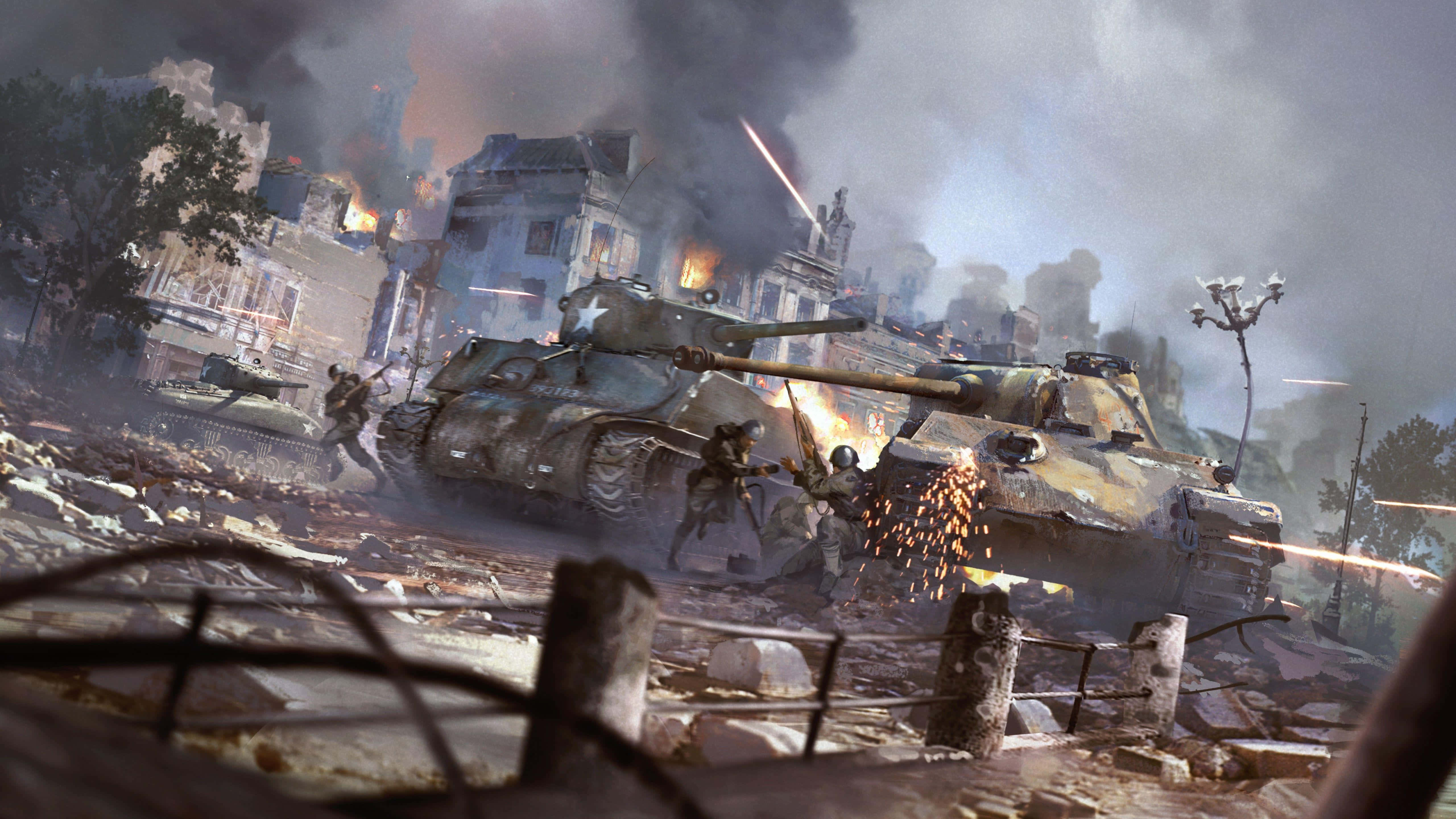 War Thunder, tank battle, smoke-filled ruined cityscape, 5K Desktop Wallpaper