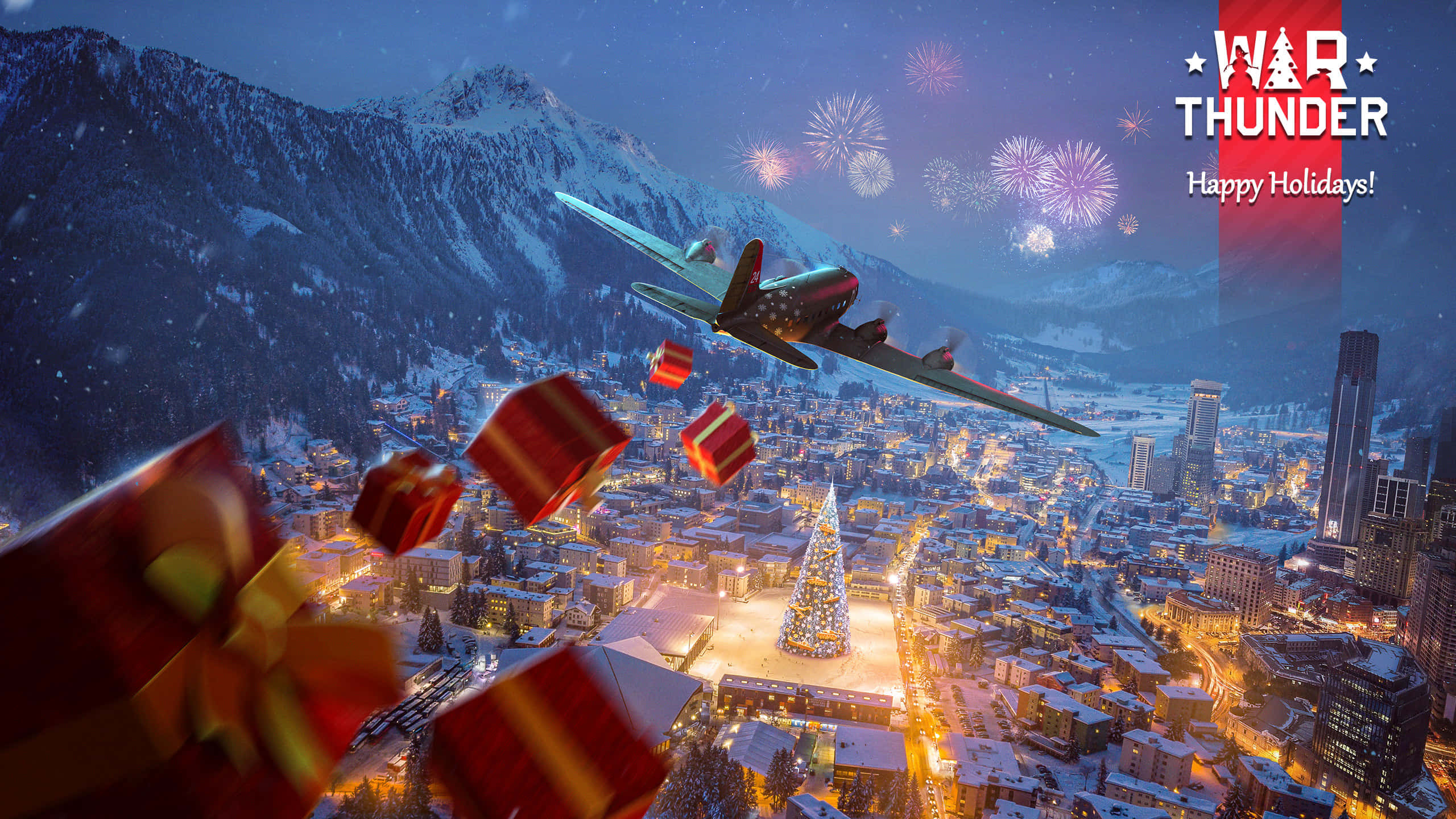 War Thunder, vintage warplane, glowing red gifts, 2K Desktop Wallpaper