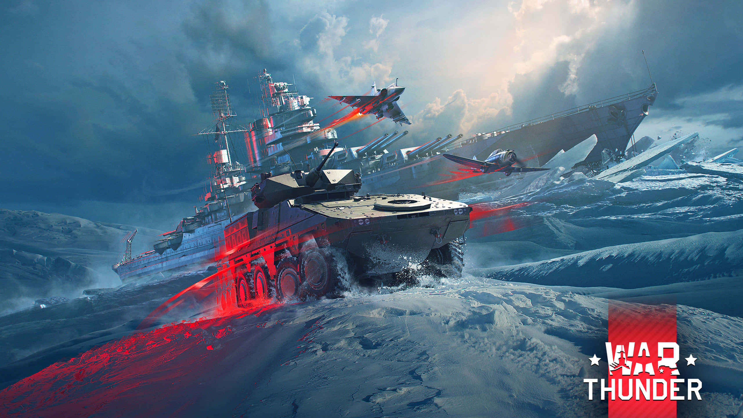 War Thunder, red lasers, snowy battlefield, 2K Desktop Wallpaper
