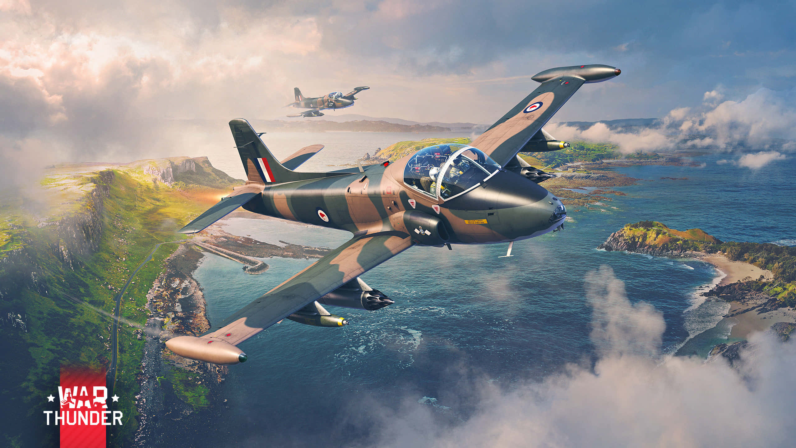 War Thunder, aerial combat, scenic coastline, 2K Desktop Wallpaper