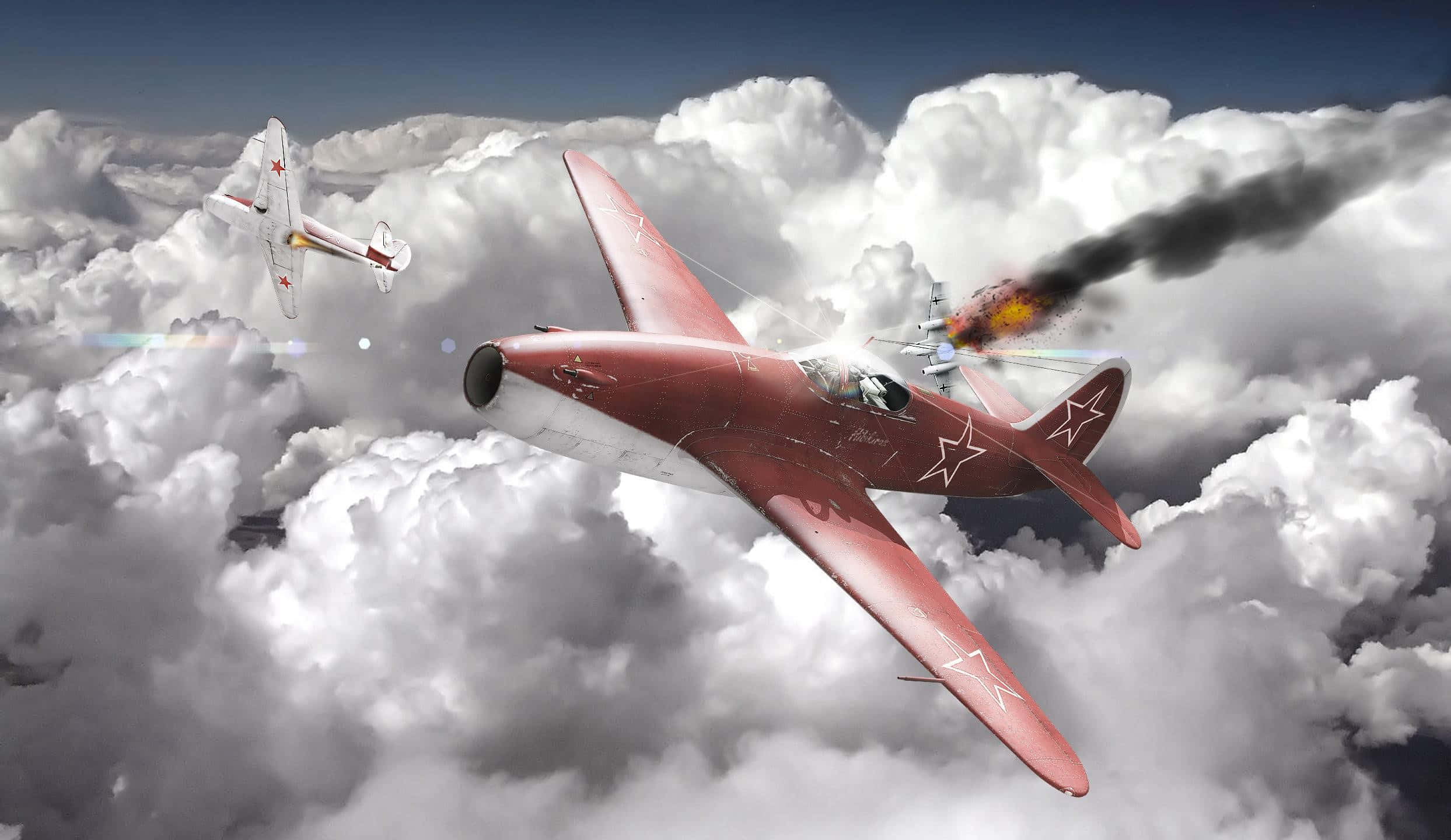 War Thunder, red Soviet fighter plane, clouds, Full HD Desktop Wallpaper