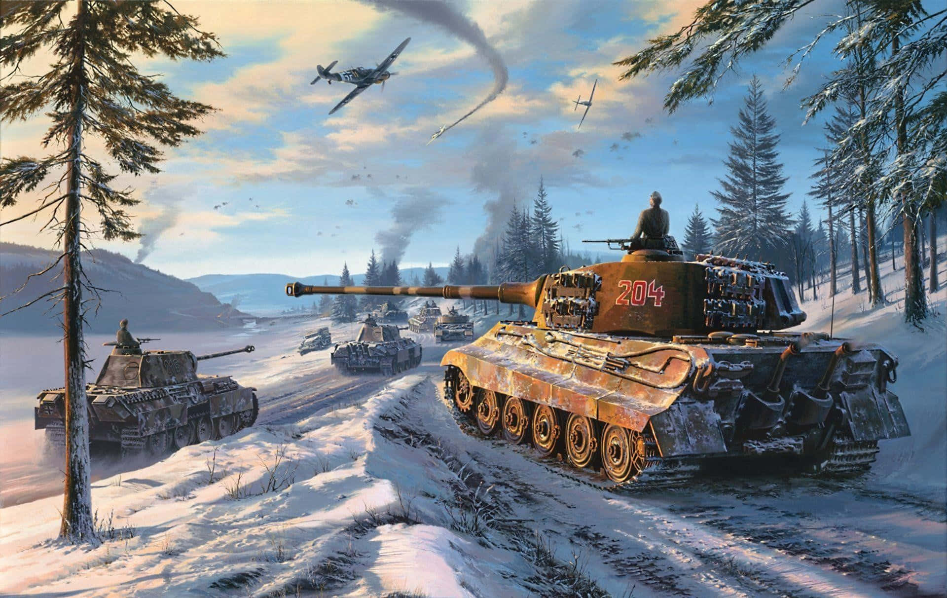 War Thunder, snow-covered tanks, forested winter landscape, Full HD Desktop Wallpaper