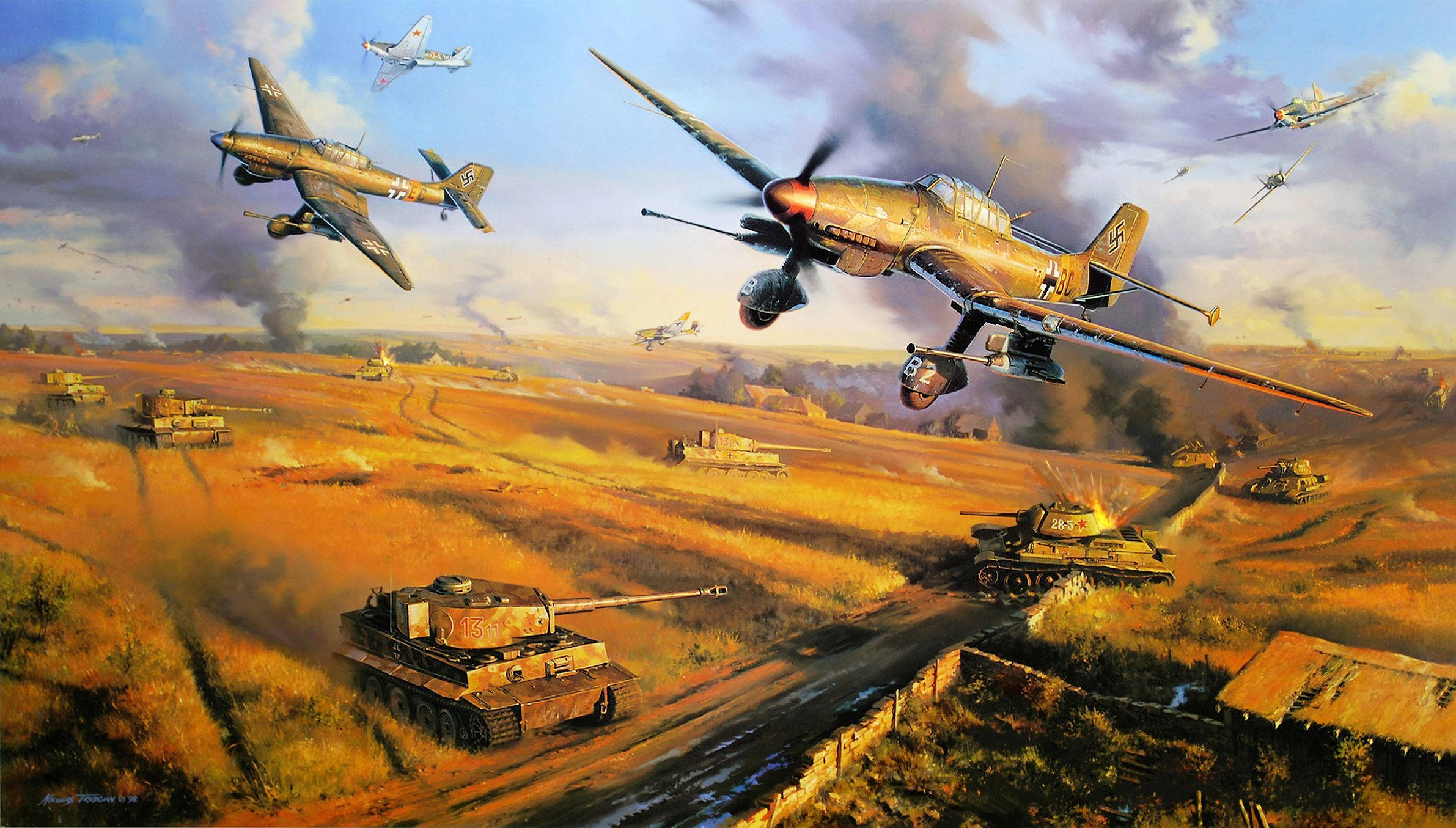 German WW2 fighters, tanks, golden field, Full HD Desktop Wallpaper
