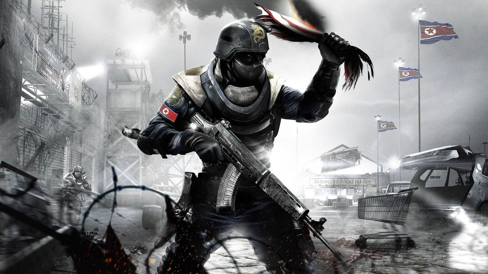 soldiers, rifle, tattered flag, Full HD Desktop Wallpaper