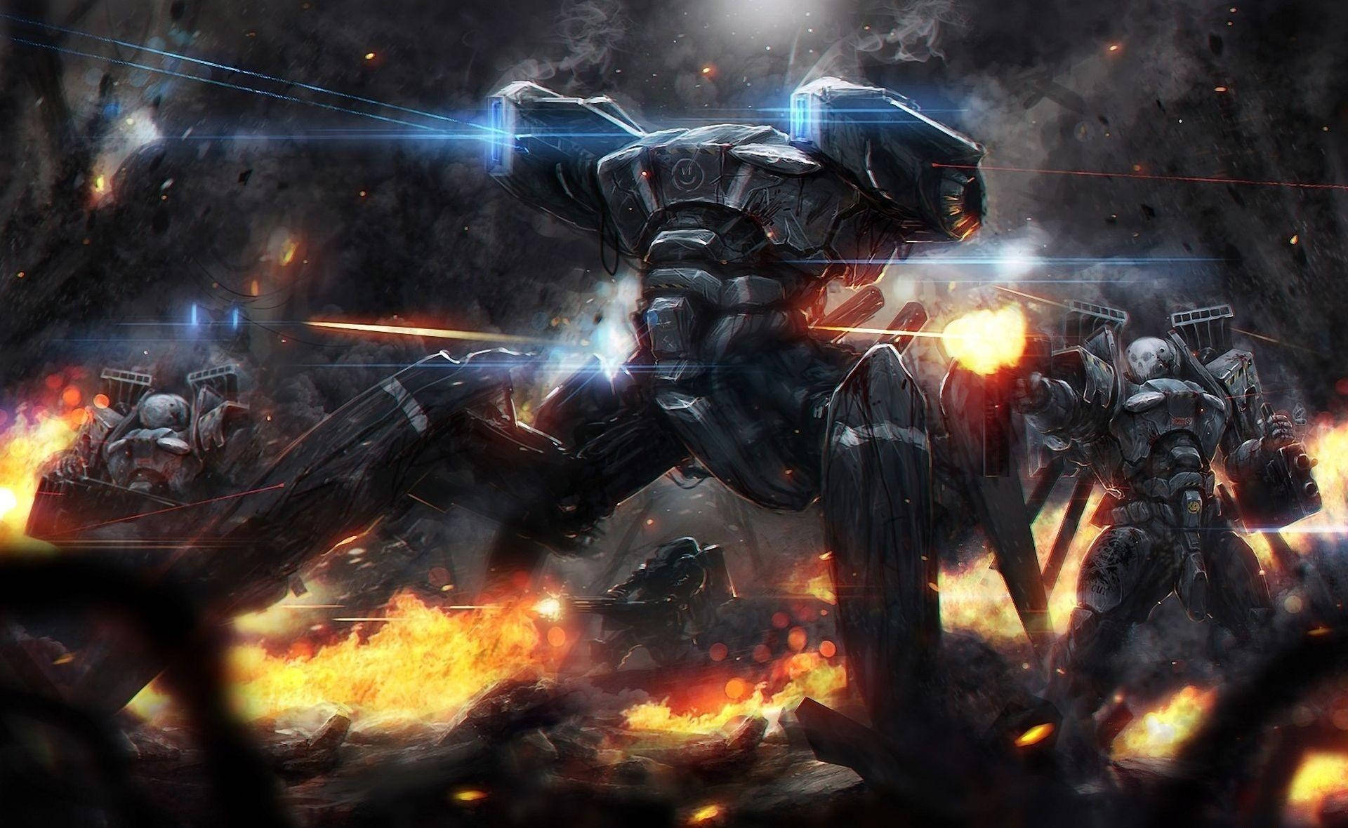 Giant mechs, fiery chaos, explosions, Full HD Desktop Wallpaper