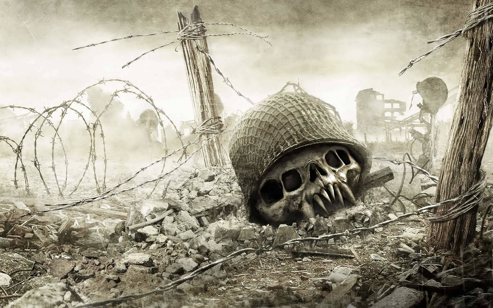 monster skull, helmet, barbed wire, Full HD Desktop Wallpaper