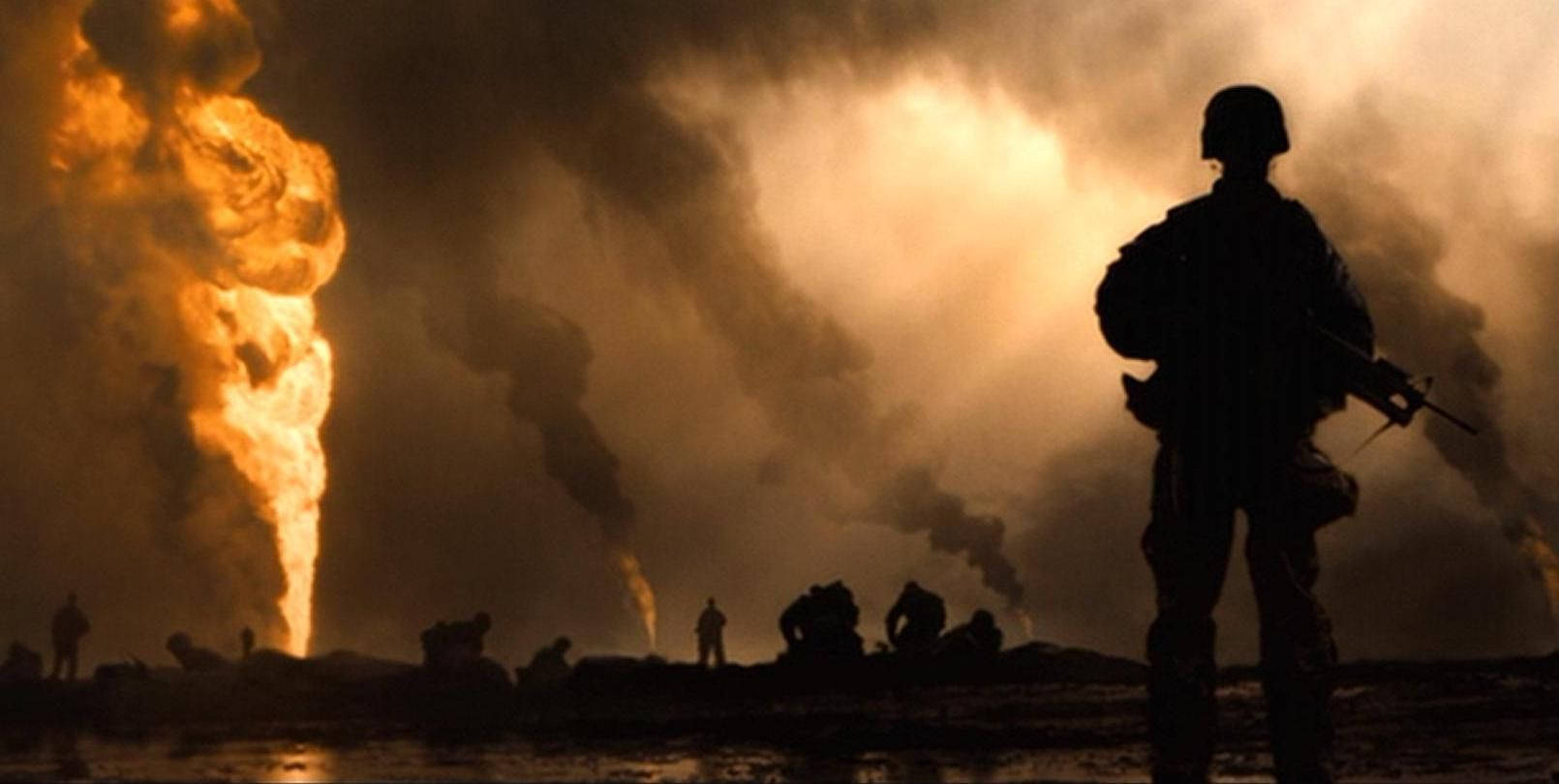 soldiers, oil fires, orange glow, HD Desktop Wallpaper