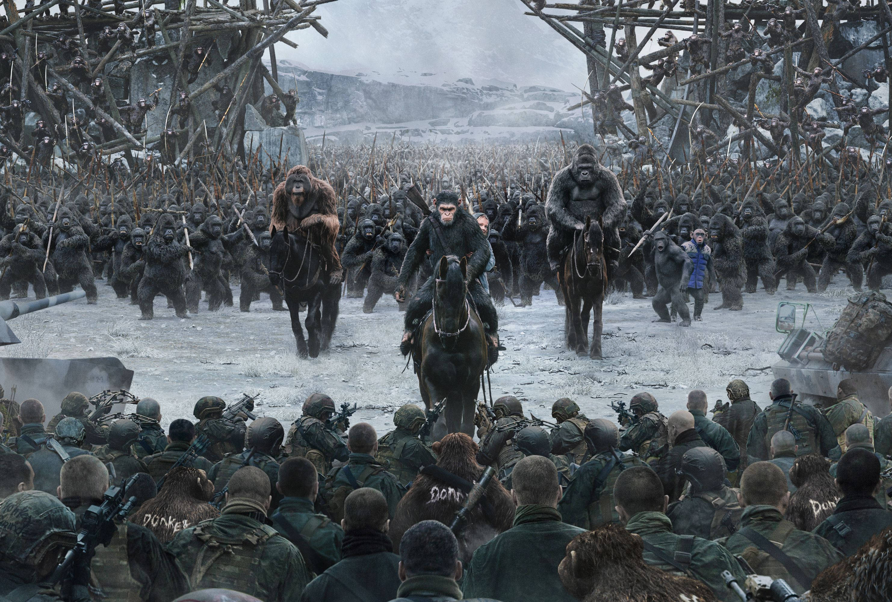 apes and human war, ape warriors, horseback, 2K Desktop Wallpaper