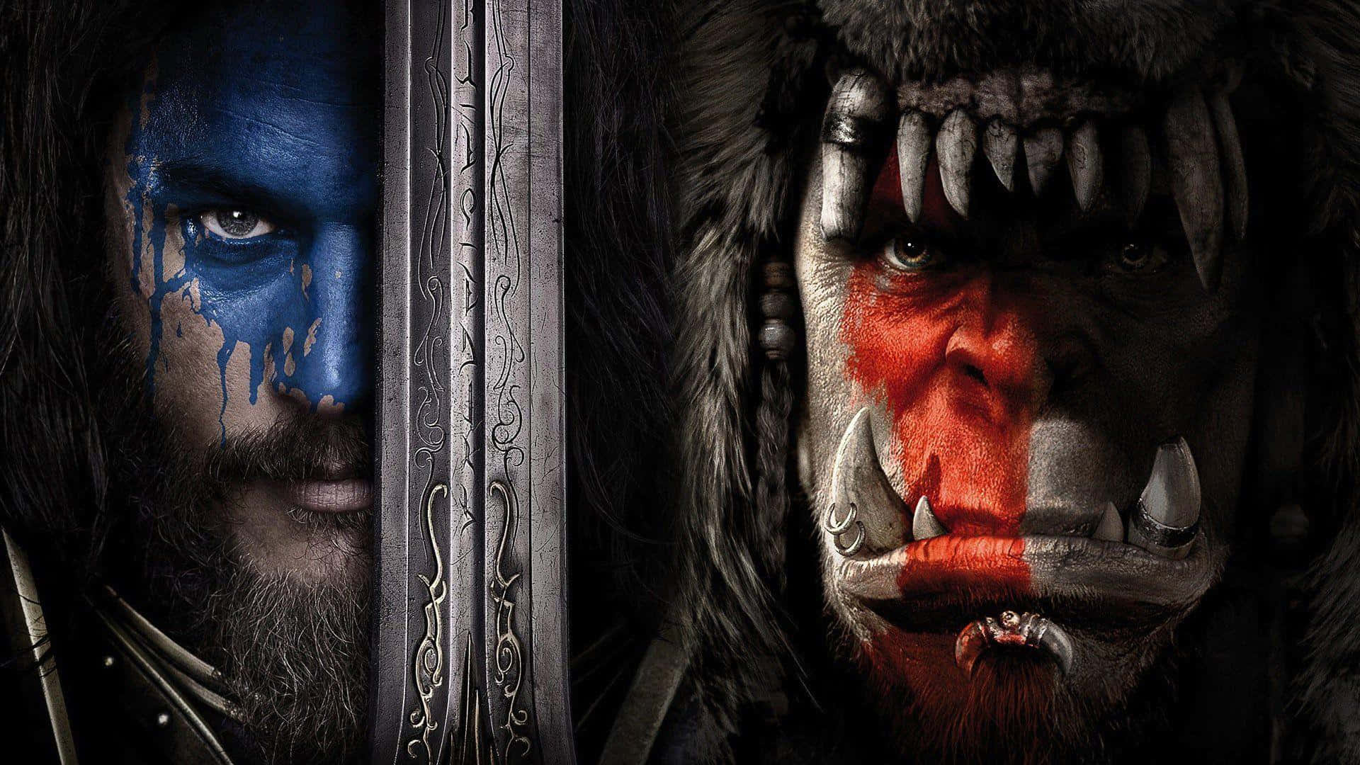 Warcraft Movie, blue-painted human warrior, red-painted orc, Full HD Desktop Wallpaper