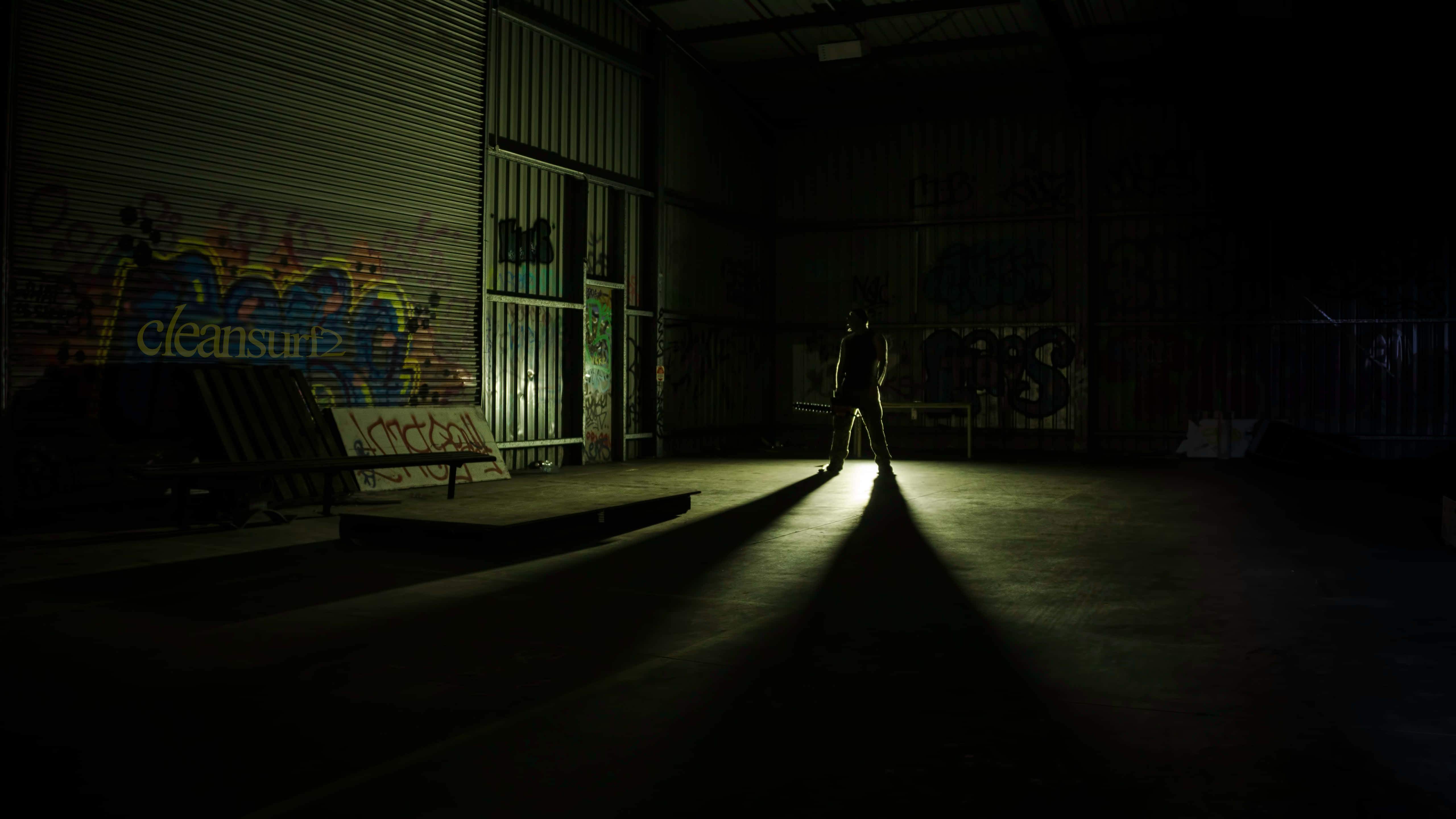 gritty warehouse, abandoned warehouse, spotlight, 5K Desktop Wallpaper