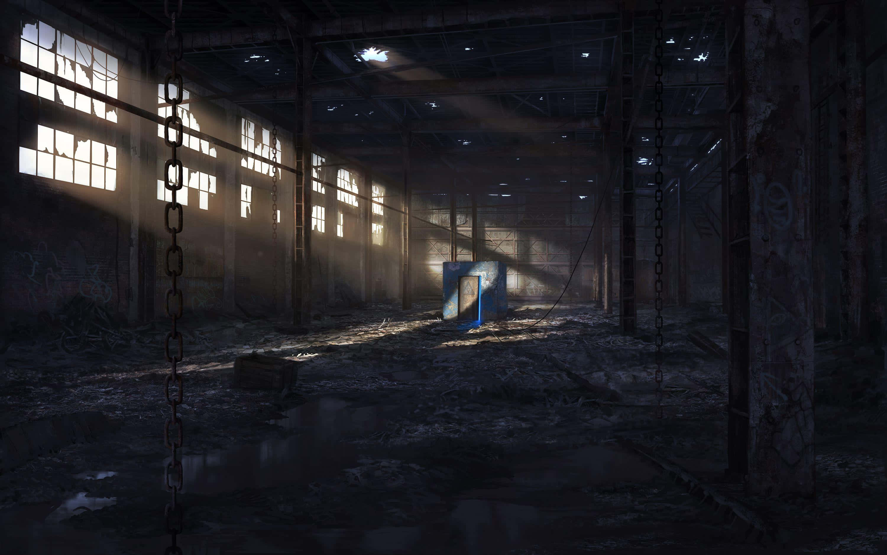 abandoned warehouse interior, sunlight, broken windows, 2K Desktop Wallpaper