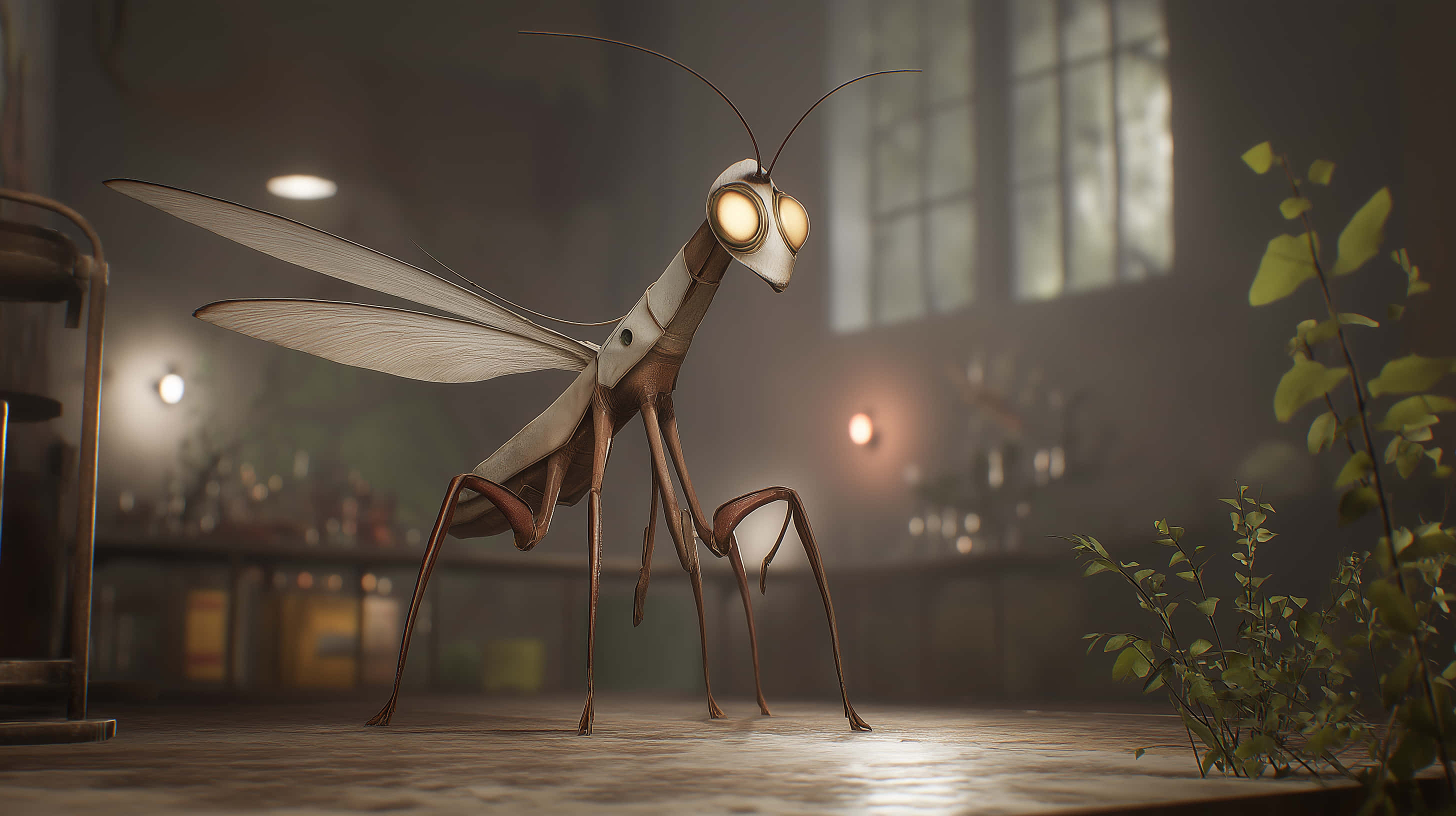 giant mechanical mantis, steampunk praying mantis, glowing eyes, 2K Desktop Wallpaper