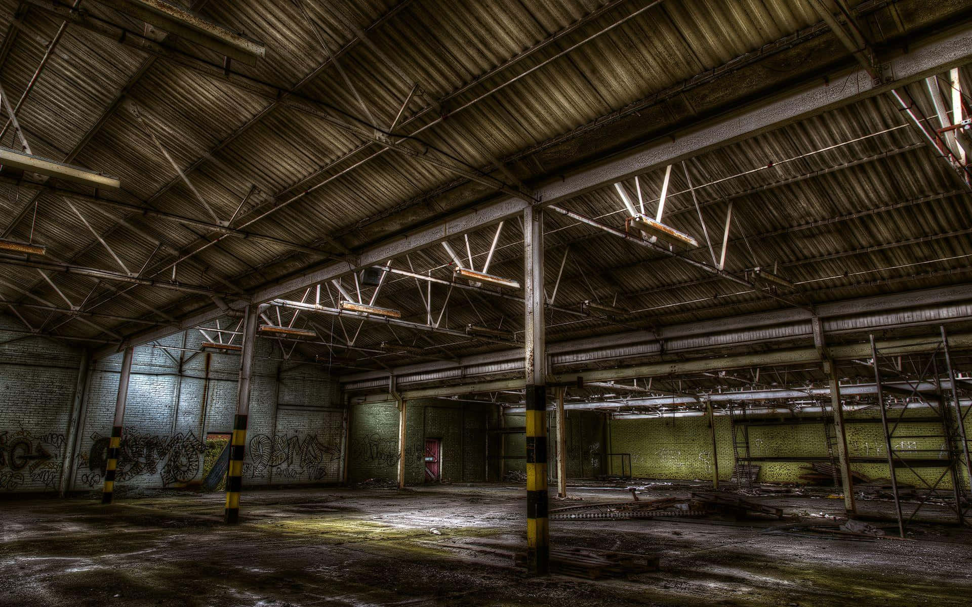 abandoned warehouse, graffiti walls, broken lights, Full HD Desktop Wallpaper