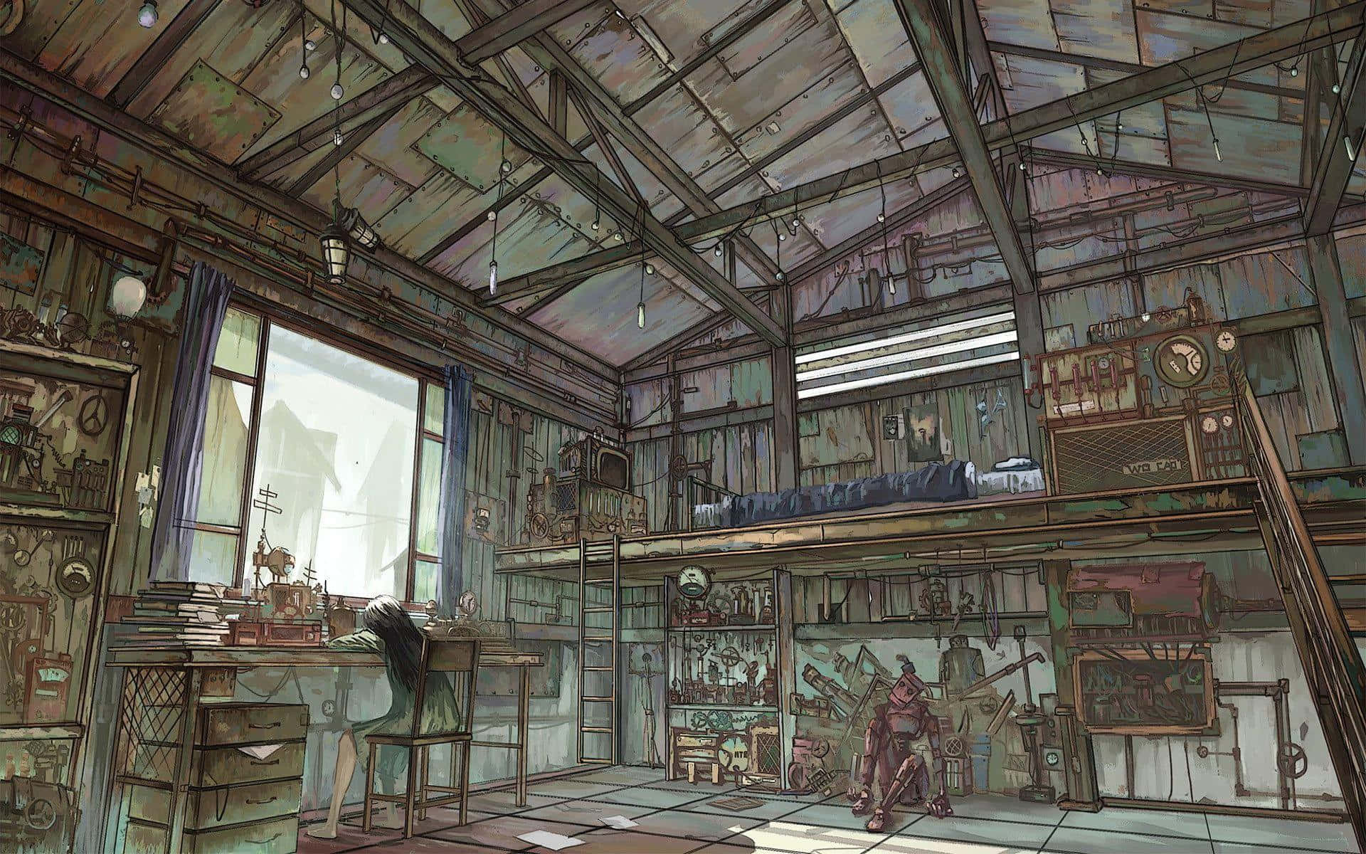 artistic industrial warehouse interior, rustic high-ceilinged workshop, cluttered desk, Full HD Desktop Wallpaper