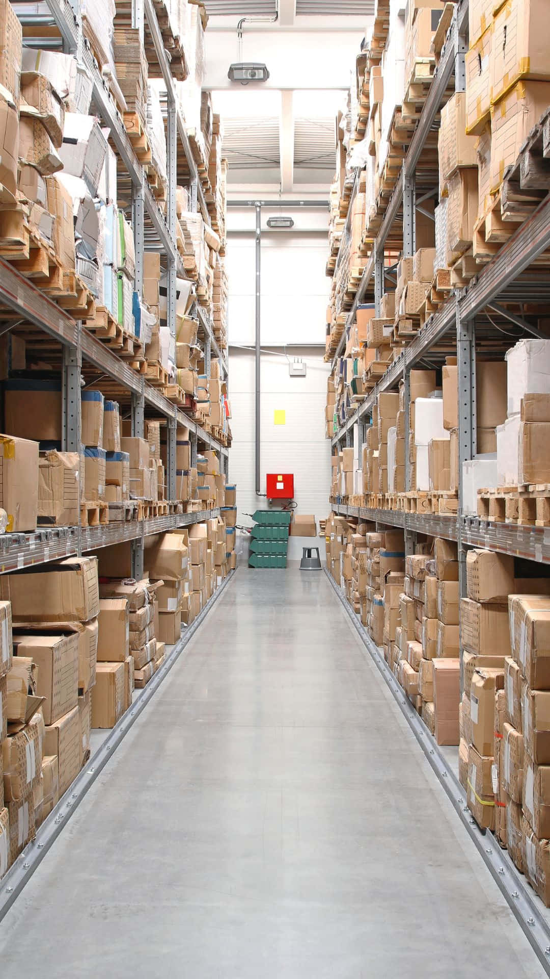 warehouse, metal shelves, cardboard boxes, Full HD Phone Wallpaper