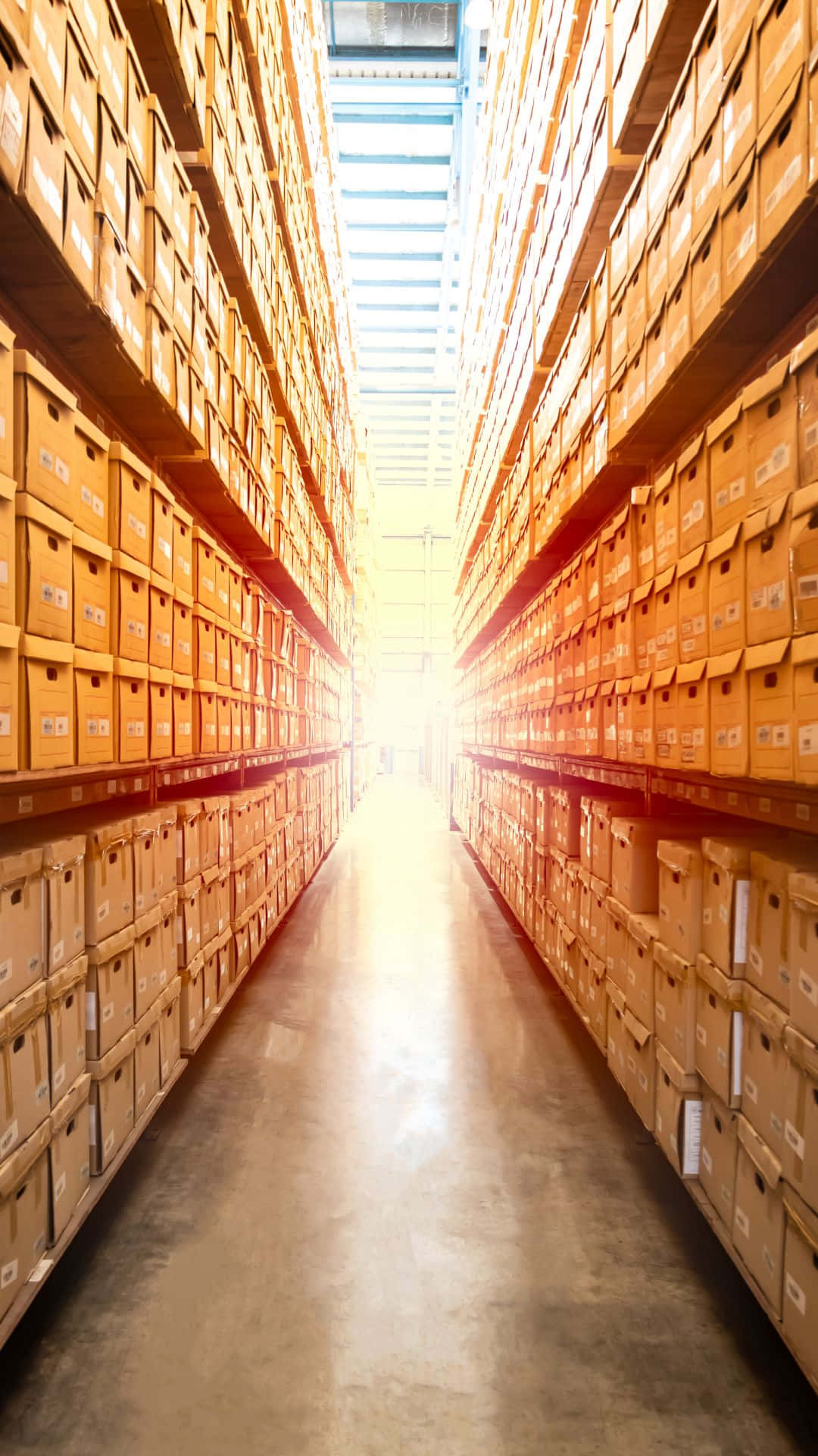 warehouse, aisle, cardboard boxes, Full HD Phone Wallpaper