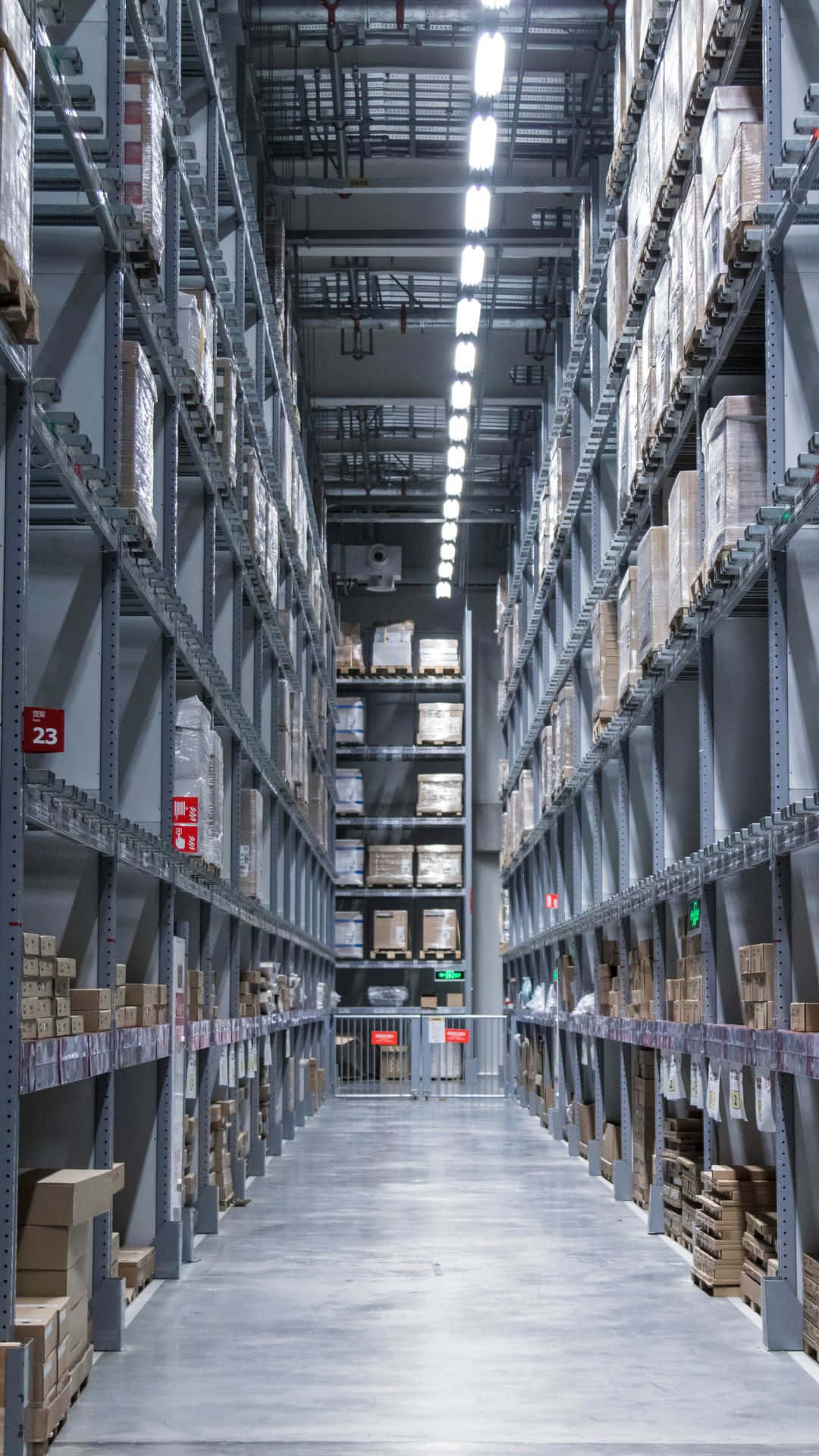 modern warehouse, tall metal shelves, cardboard boxes, Full HD Phone Wallpaper