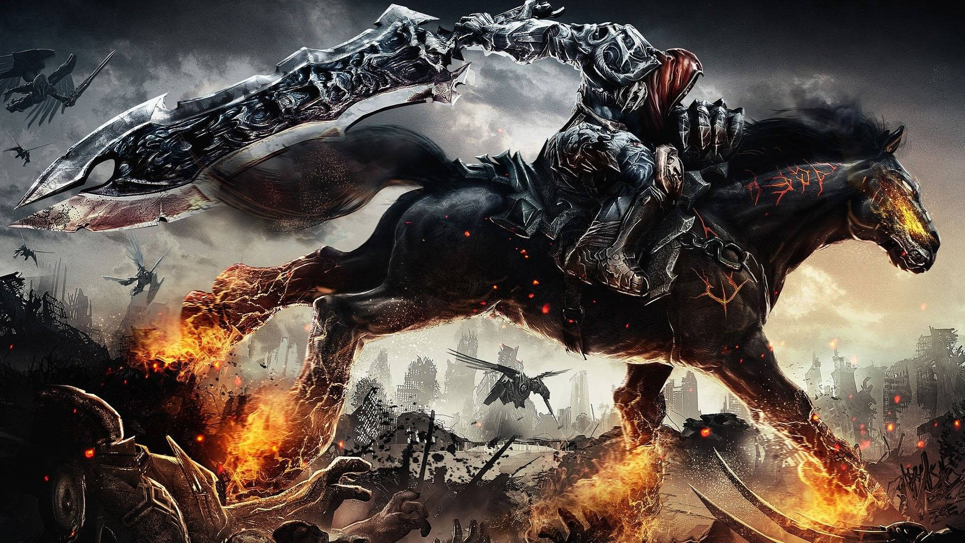 Warframe, soldier, flaming black warhorse, Full HD Desktop Wallpaper