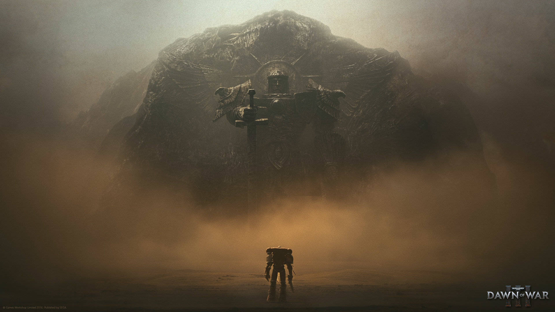 Warhammer 40000 Dawn Of War, silhouetted warlord, colossal mist-shrouded monolith, Full HD Desktop Wallpaper