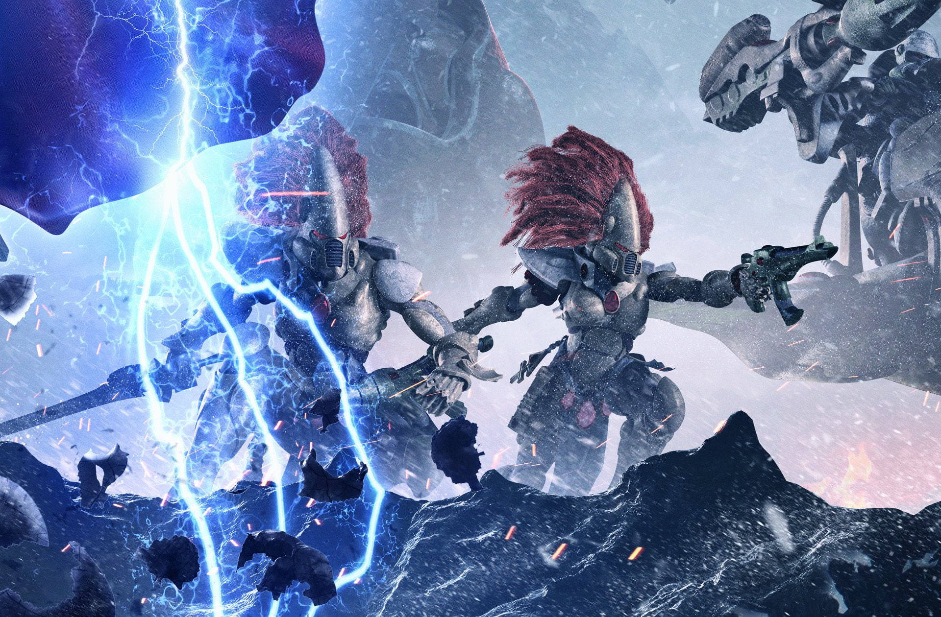 Warhammer 40000 Dawn Of War, red haired robot, snowy battlefield, Full HD Desktop Wallpaper