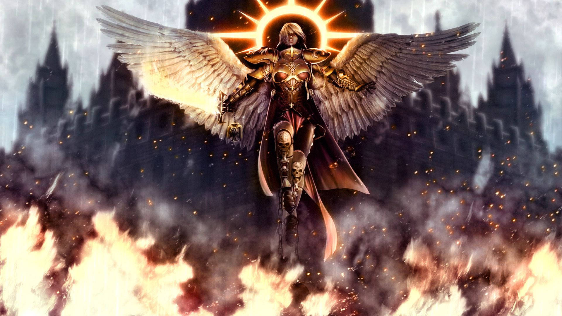 Warhammer 40000 Dawn Of War, golden-armored angel, massive wings, Full HD Desktop Wallpaper
